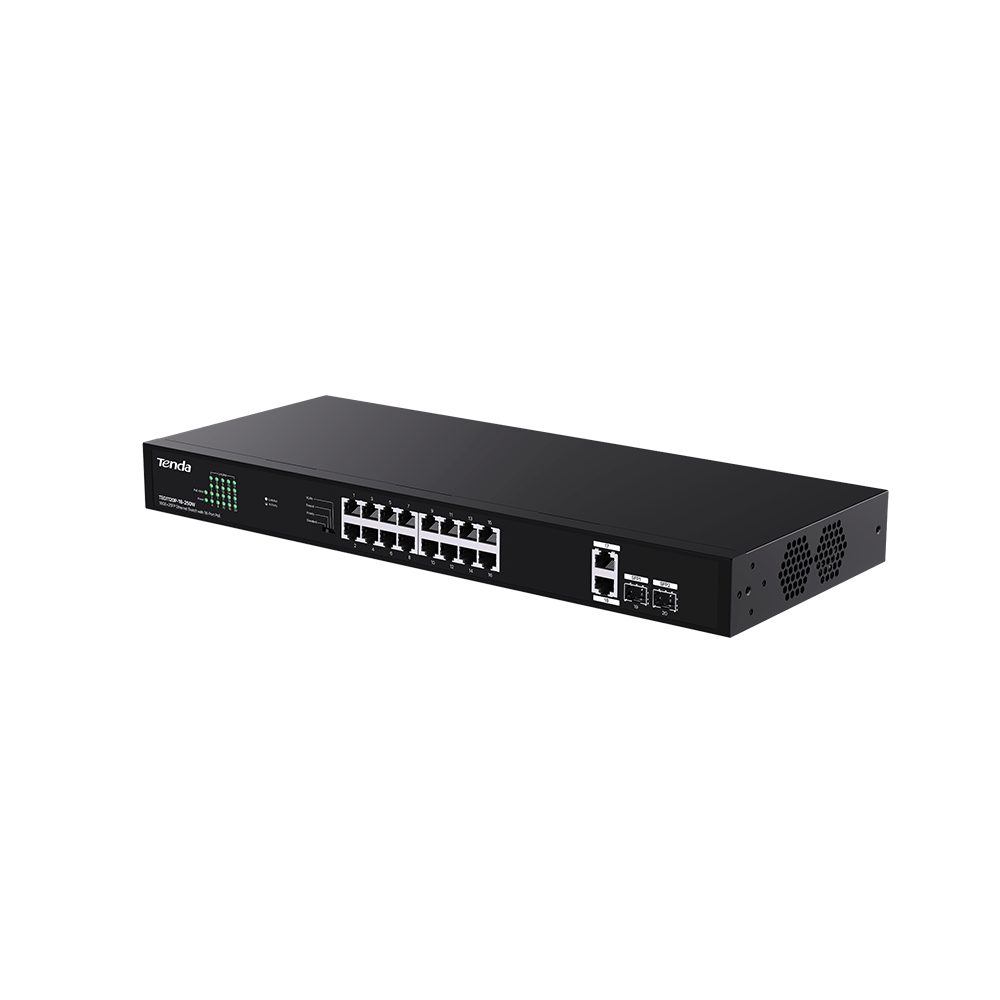 Ethernet ve SFP bağlantı noktalarına sahip siyah Tenda 16 bağlantı noktalı PoE anahtarı.