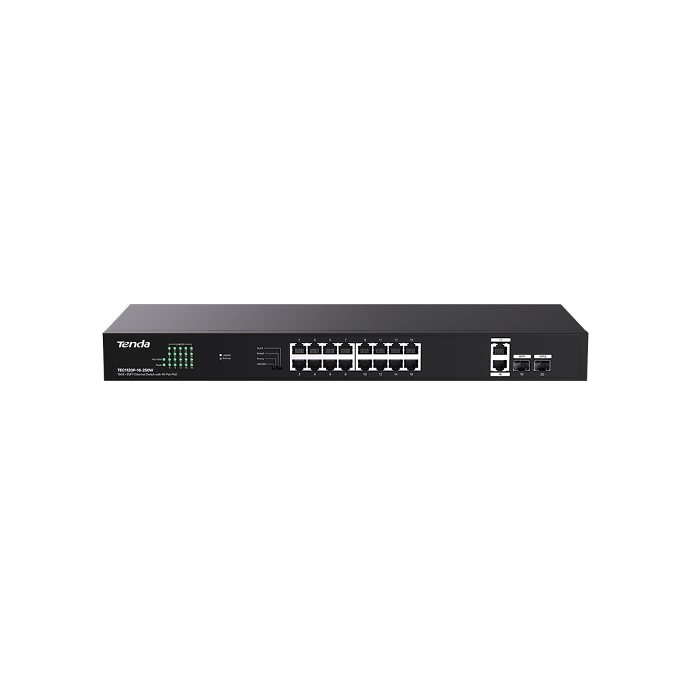 Birden fazla Ethernet ve SFP bağlantı noktasına sahip siyah bir Tenda ağ anahtarı.
