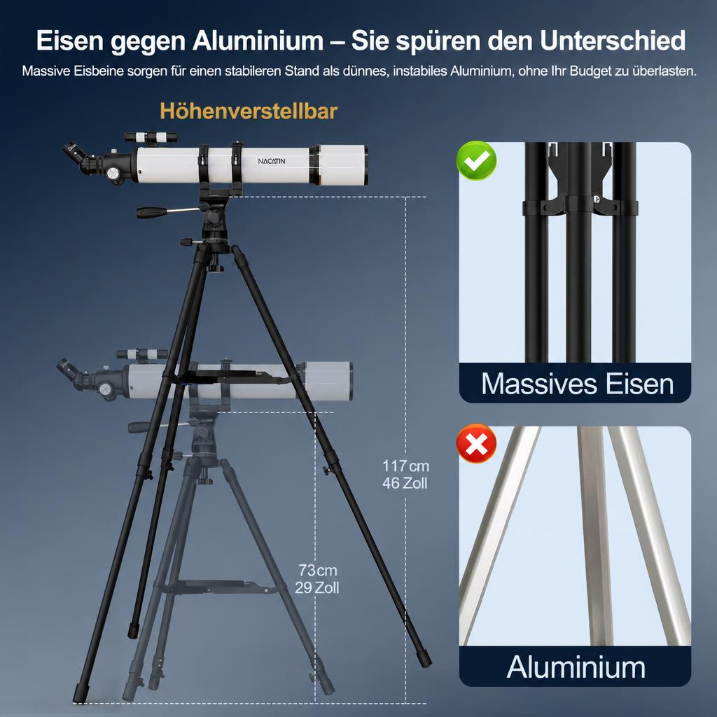 Vergleich von schwerem Eisen und leichtem Aluminium für ein höhenverstellbares Teleskopstativ.