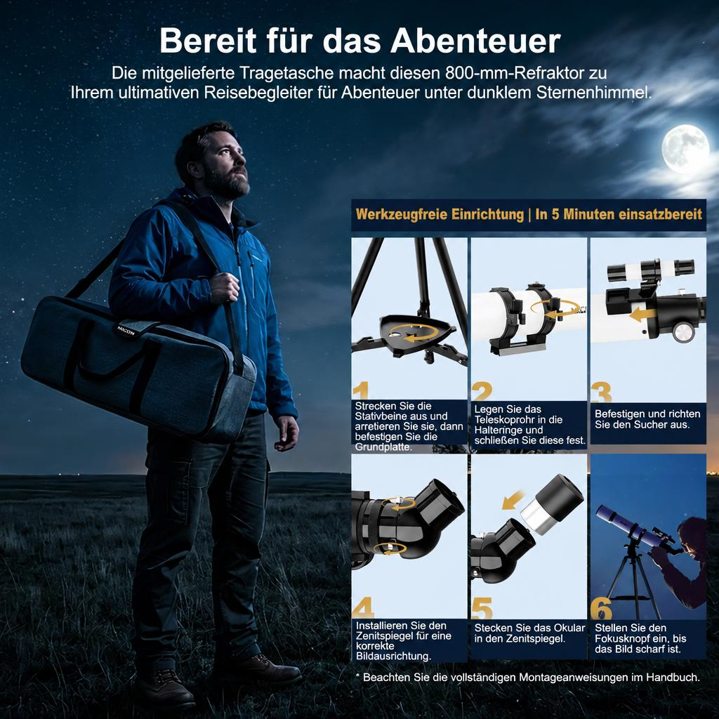 Ein Mann mit Reisetasche unter sternenklarem Nachthimmel mit sechs Schritten zur Teleskopmontage.