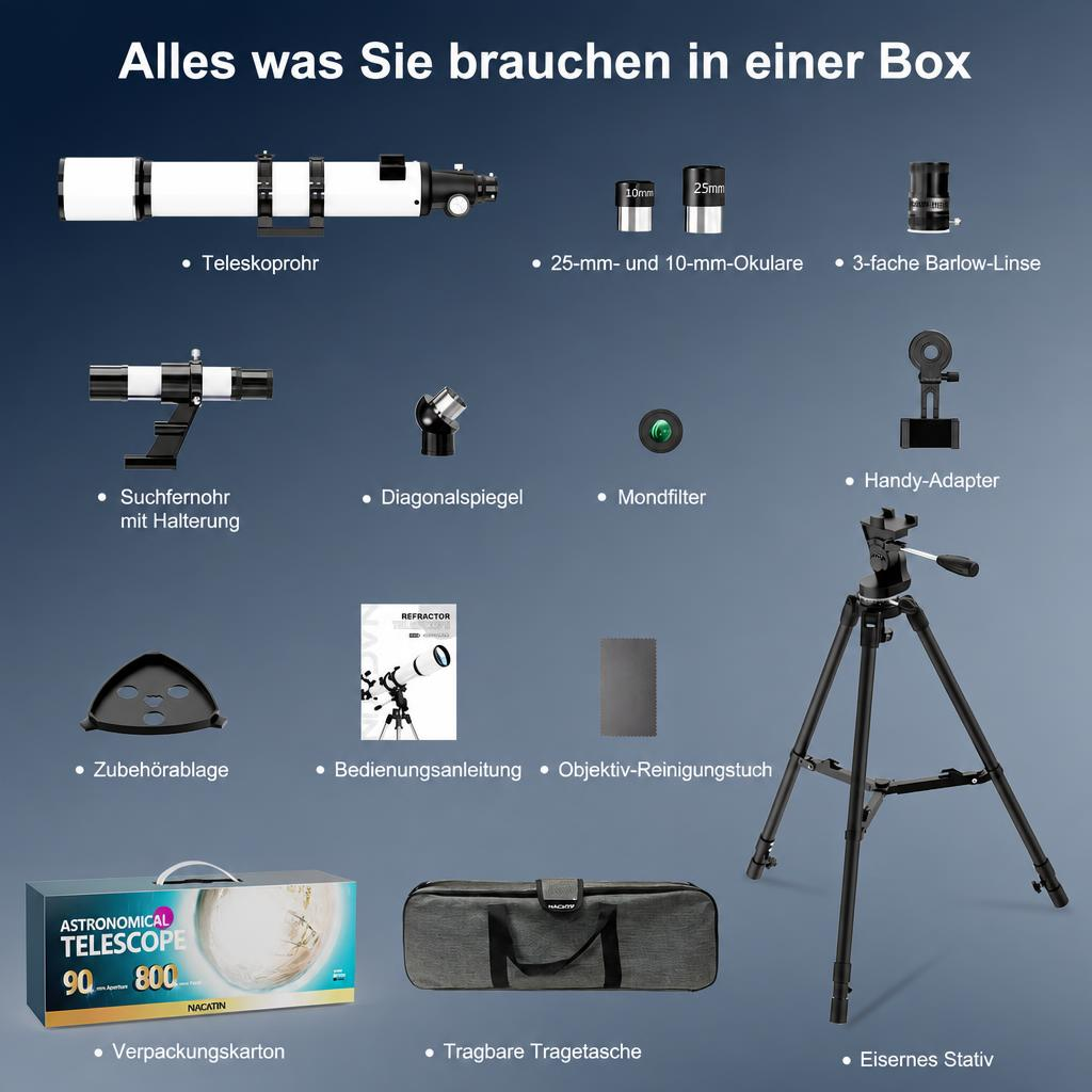 Verschiedene Teile eines astronomischen Teleskops und Zubehör sind auf einer blauen Tafel angeordnet.