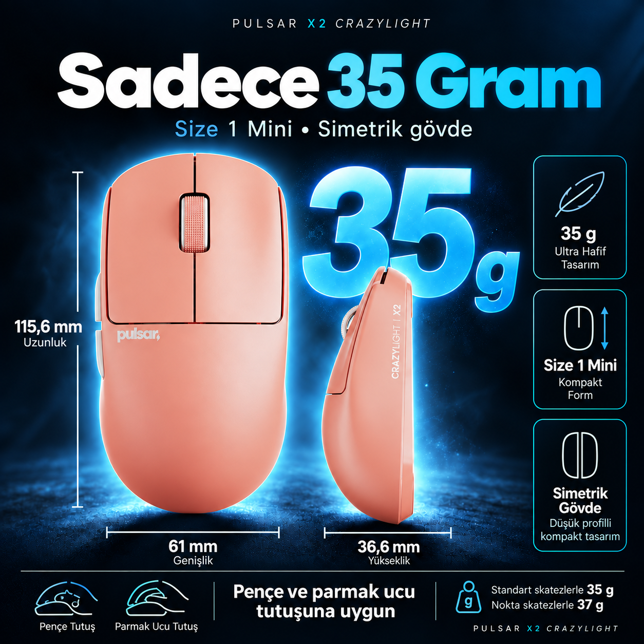 Mavi arkaplanda boyut ve özellikleriyle pembe Pulsar X2 Crazylight kablosuz fare.