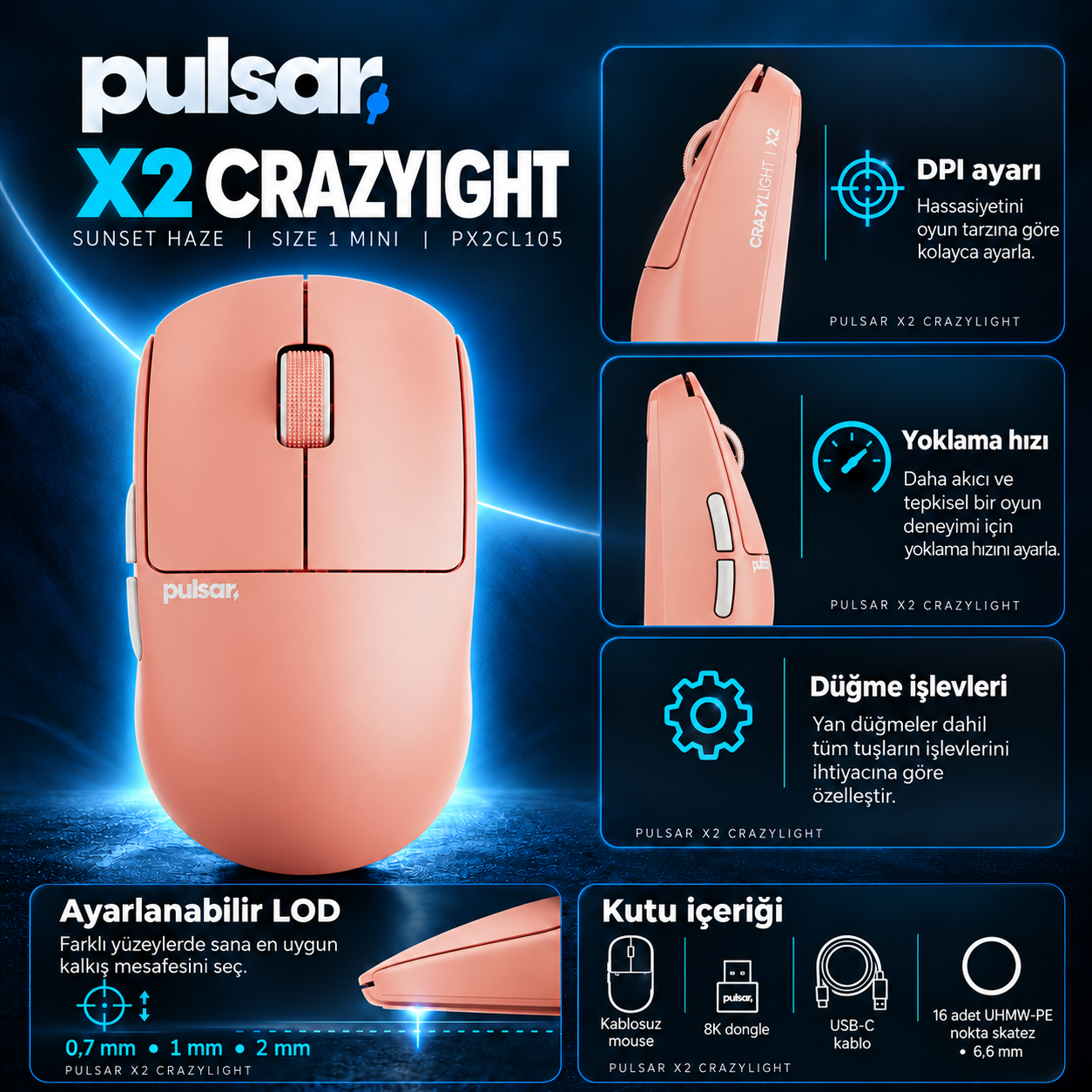 Pembe Pulsar X2 Crazylight oyuncu faresi, ek fonksiyonlar, DPI ve yoklama hızı ile.