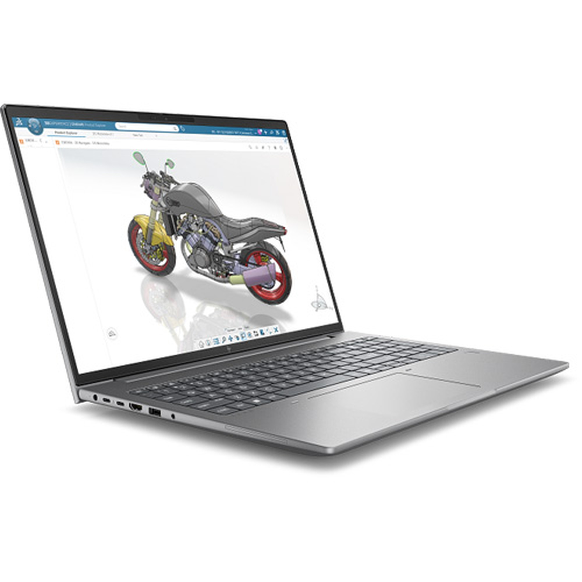 Gümüş renkli bir dizüstü bilgisayar, beyaz arka planda motosikletin CAD modelini gösteriyor.