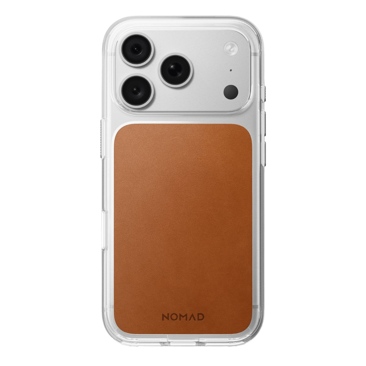 Una funda transparente para iPhone con panel trasero de cuero marrón y la marca Nomad.