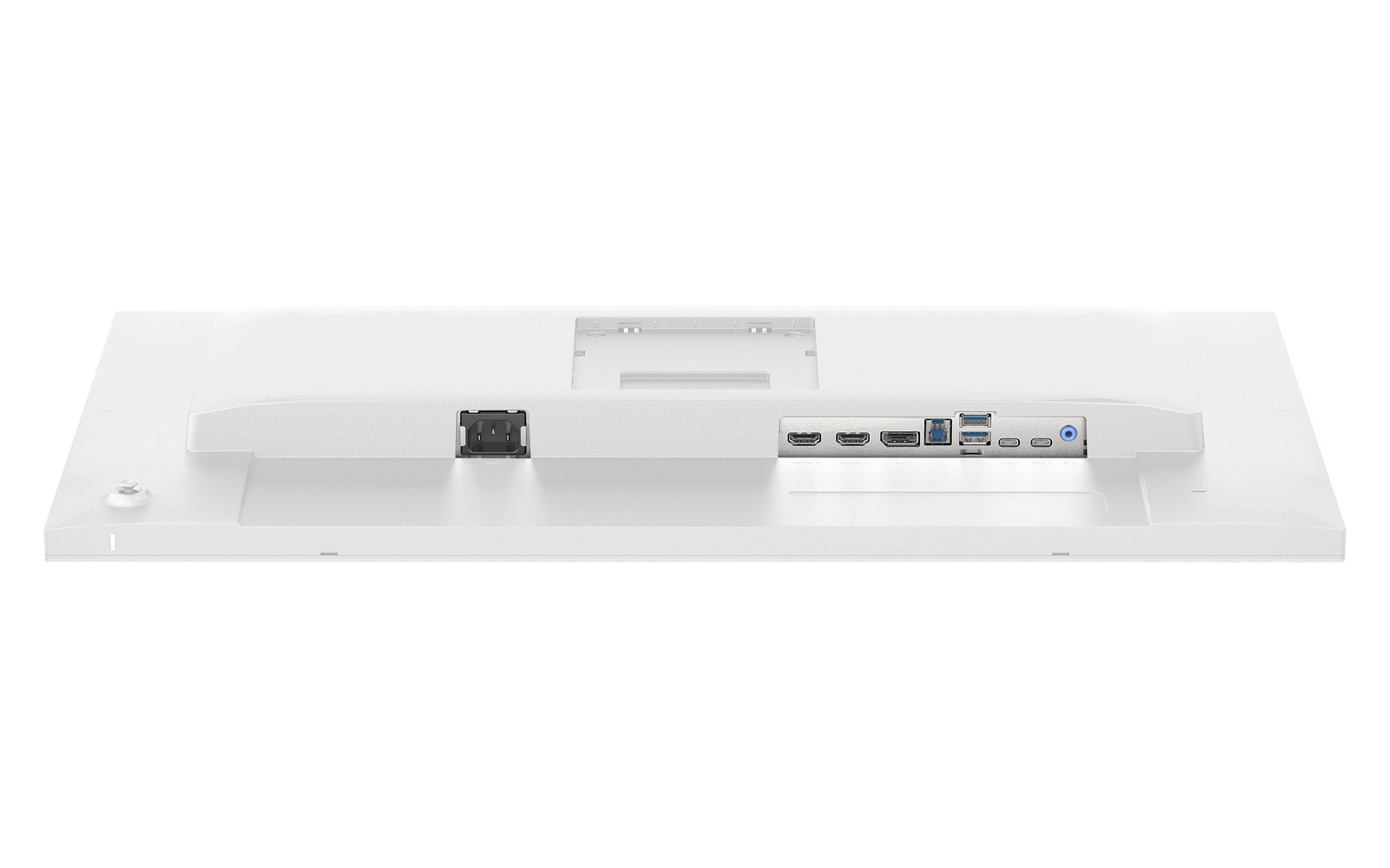 La parte trasera blanca de un monitor muestra varios puertos como HDMI, USB y el enchufe.