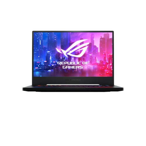 Ein schwarzer Gaming-Laptop mit einem bunten Bildschirm und dem Republic of Gamers-Logo.