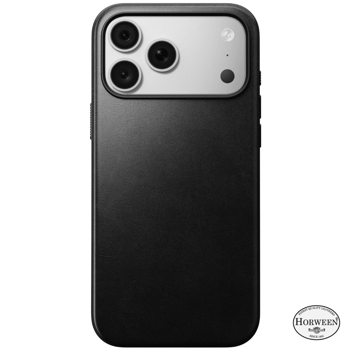 Ein schwarzes Smartphone in einer Lederhülle mit silbernem Kameramodul auf der Rückseite.