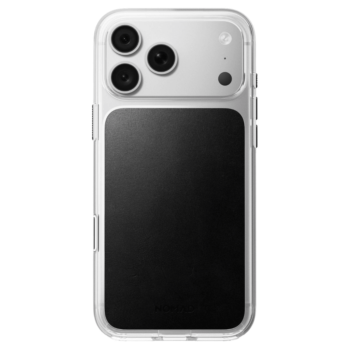 Parte trasera de una funda protectora transparente y negra en un teléfono móvil con triple cámara.