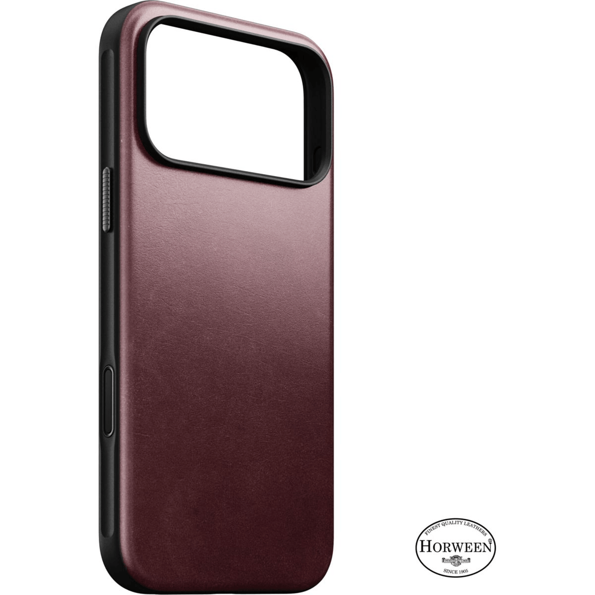 Dunkelrote Schutzhülle für Mobiltelefone mit schwarzem Rahmen und Horween-Lederlogo.
