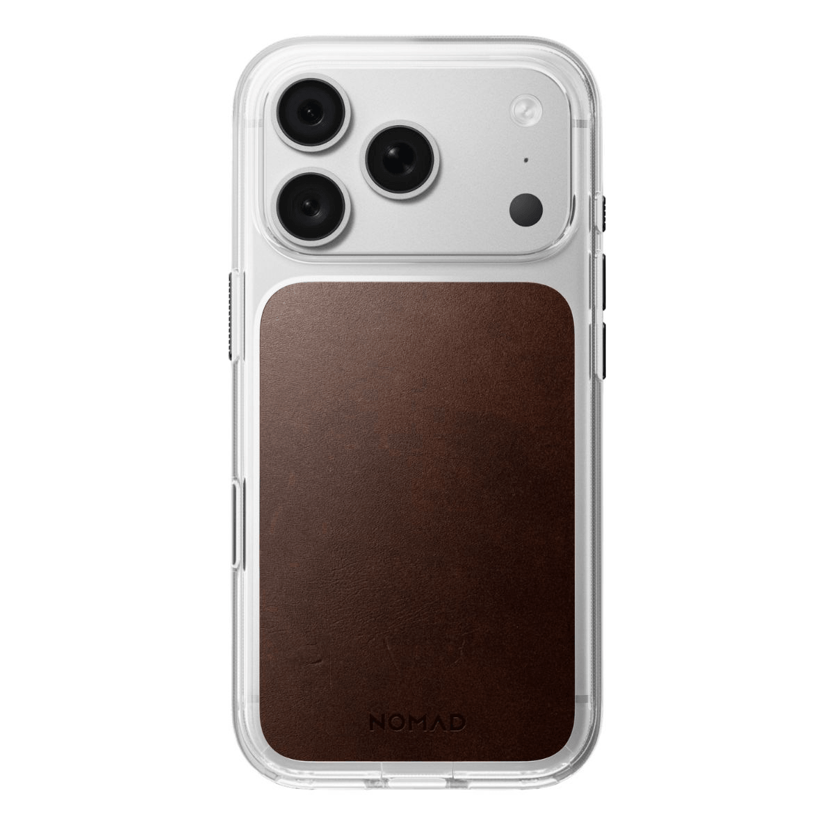 Fundas para smartphone transparentes con parte trasera de cuero marrón y logo Nomad.