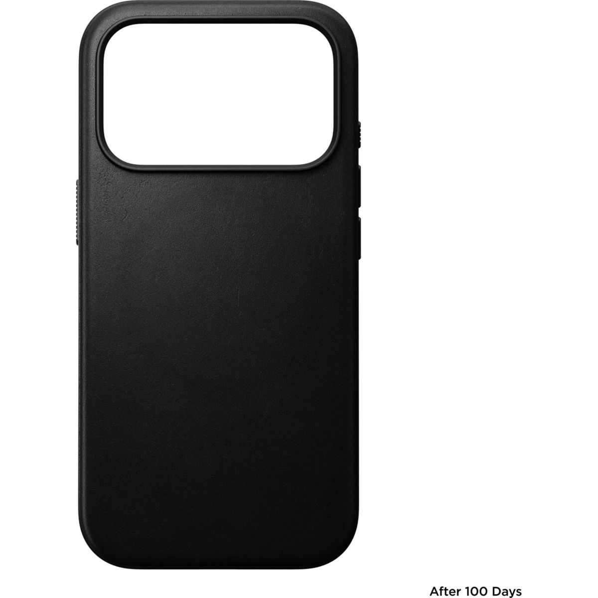 Una elegante custodia nera per telefono con un grande ritaglio superiore su sfondo bianco.