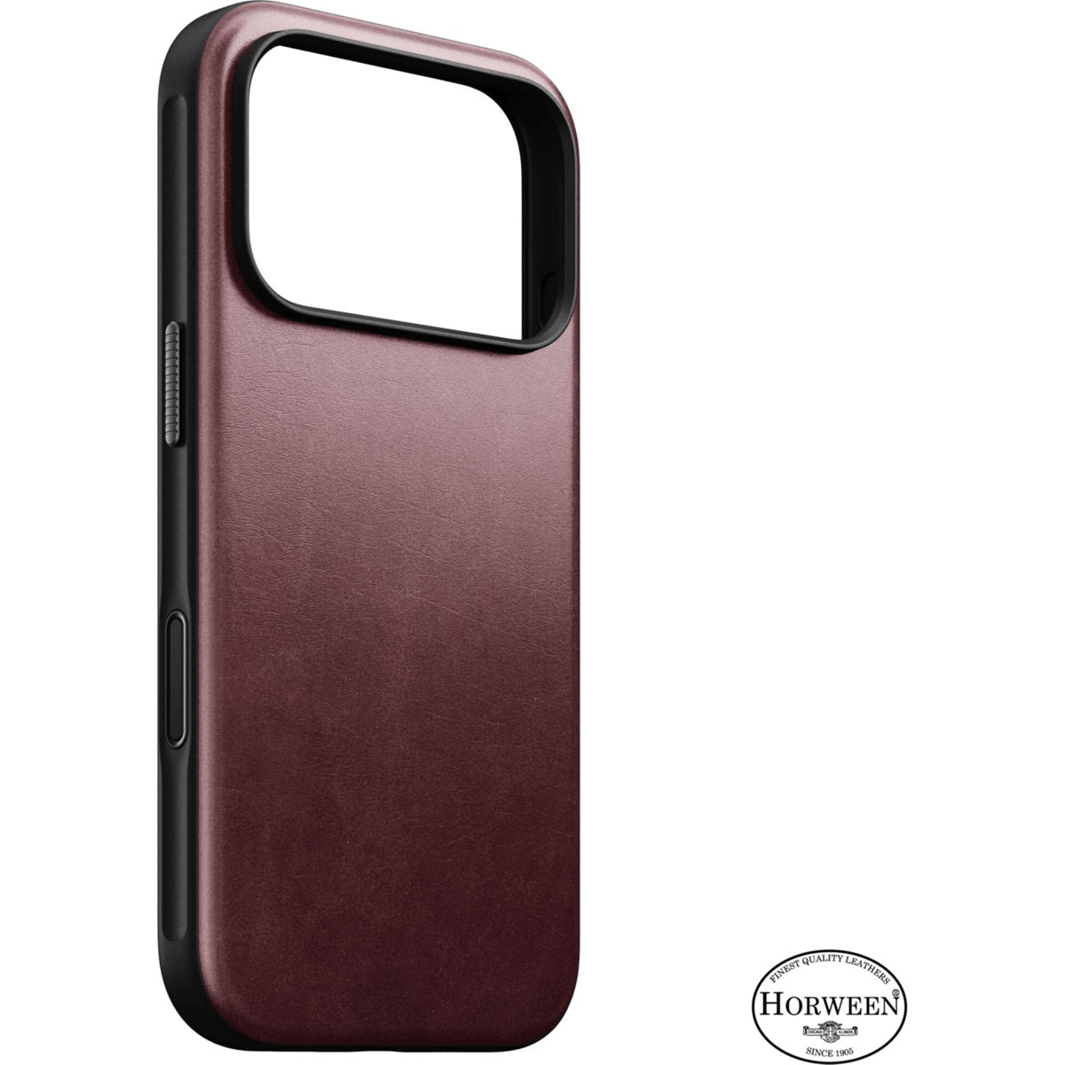 Eine bordeauxrote Leder-Handyhülle mit schwarzem Rand und Horween-Logo auf weißem Grund.