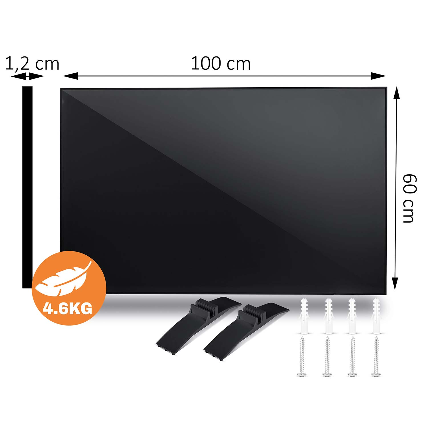 Rysunek techniczny płaskiego ekranu o wymiarach 100x60x1,2 cm, wadze 4,6 kg, z podstawkami i śrubami.