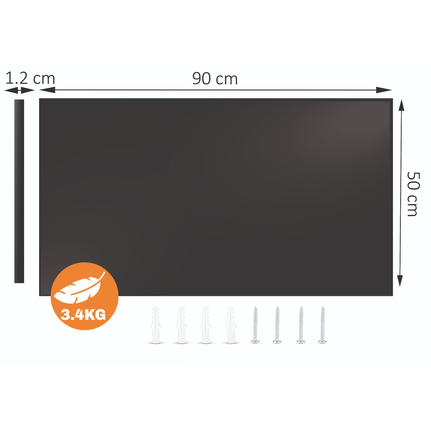 Diagram przedstawia czarną tablicę, 90x50x1,2 cm, 3,4 kg, z kołkami i śrubami na dole.
