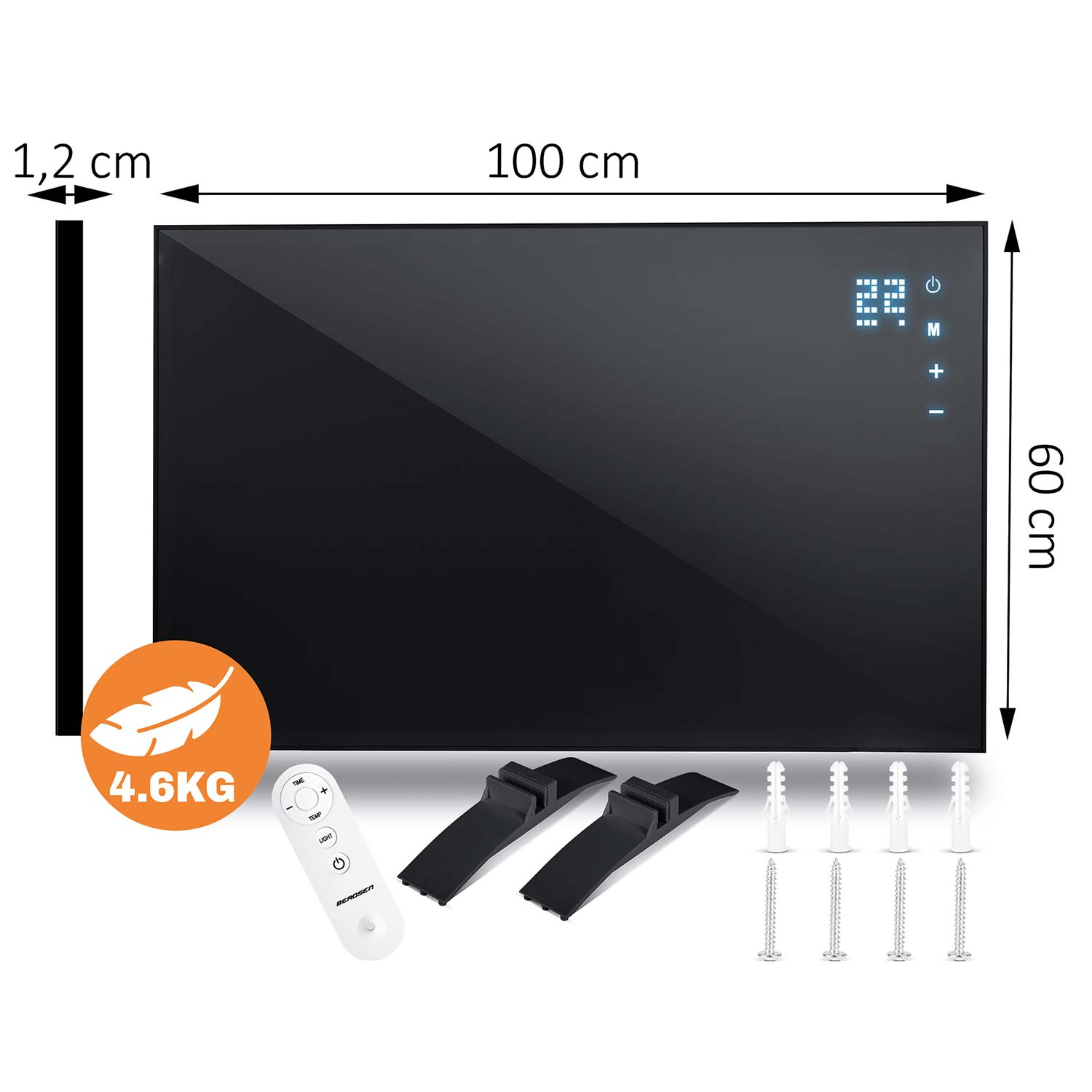 Czarny panel grzewczy na podczerwień 100x60cm z wymiarami, pilotem, uchwytami i kołkami.