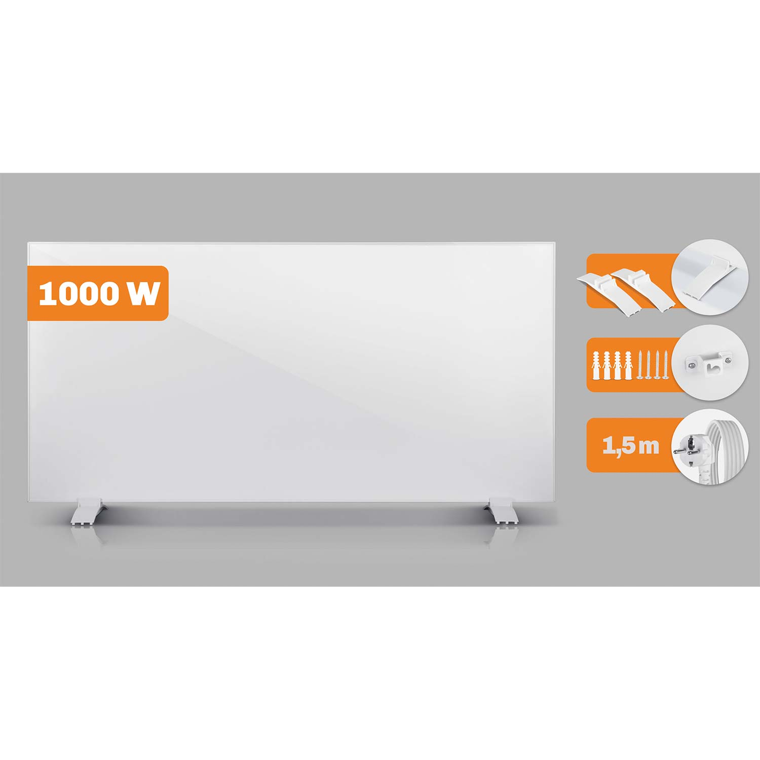 Biały panel grzewczy na podczerwień o mocy 1000W ze stojakami i akcesoriami, w tym śrubami i kablem 1,5m.