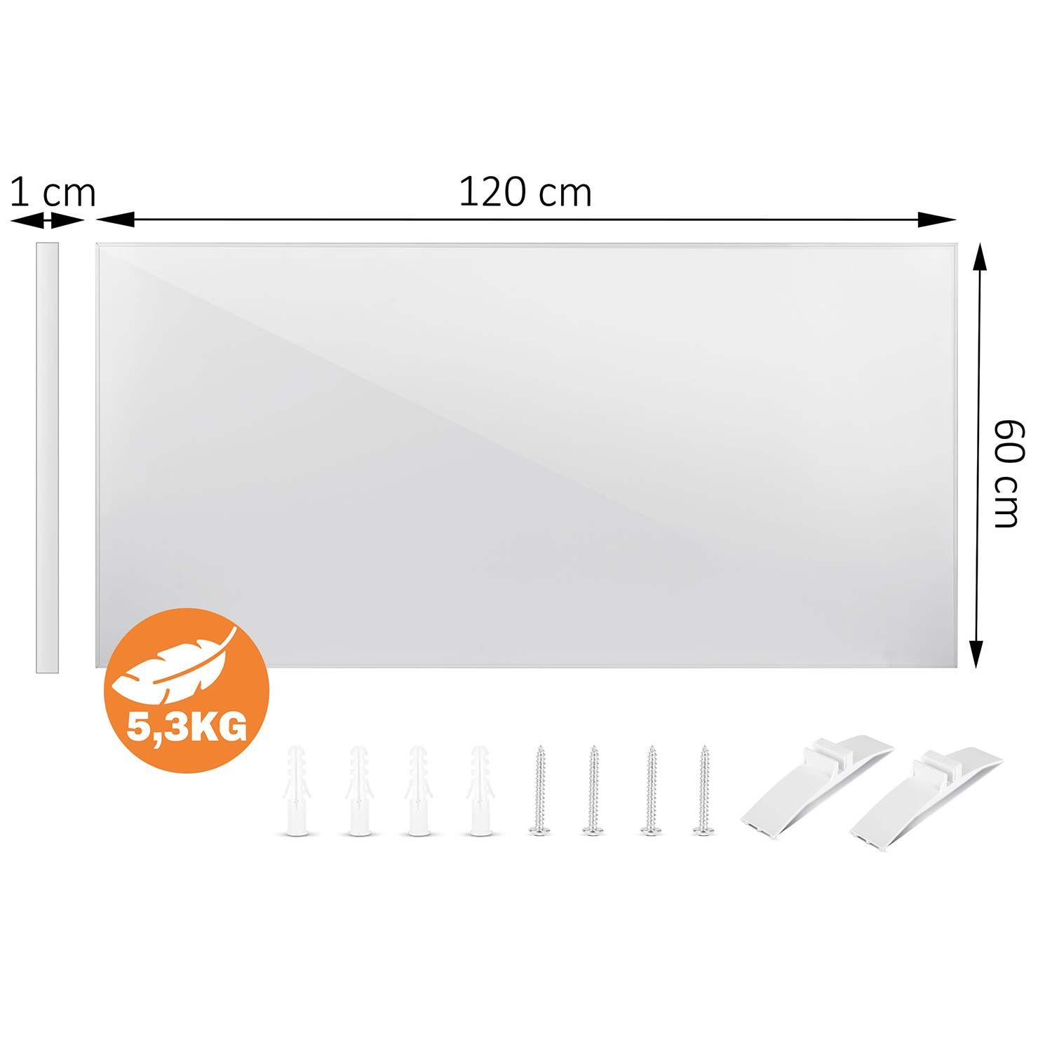 Biały panel prostokątny 120x60x1 cm, 5,3 kg, z elementami montażowymi poniżej.