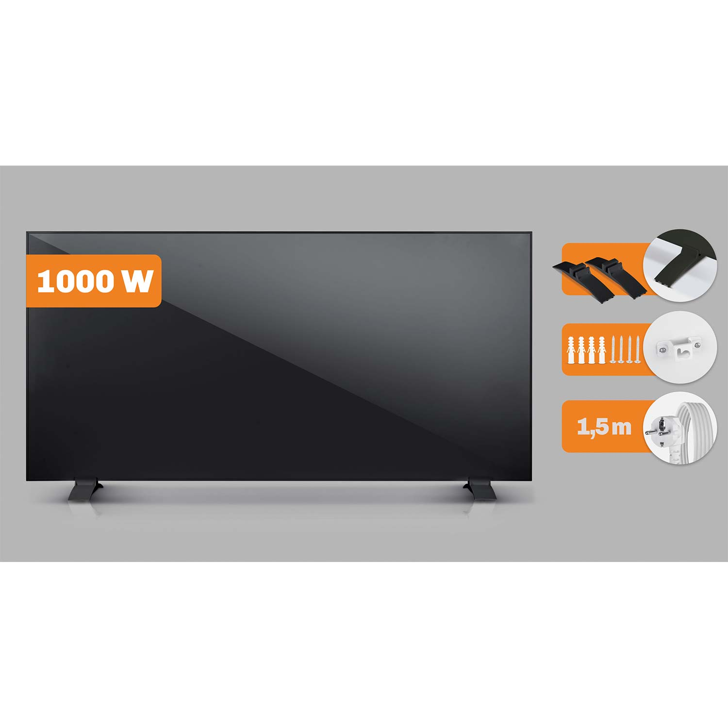 Czarny panel grzewczy 1000W ze stojakami, śrubami, wspornikami i przewodem 1,5m na szarym tle.
