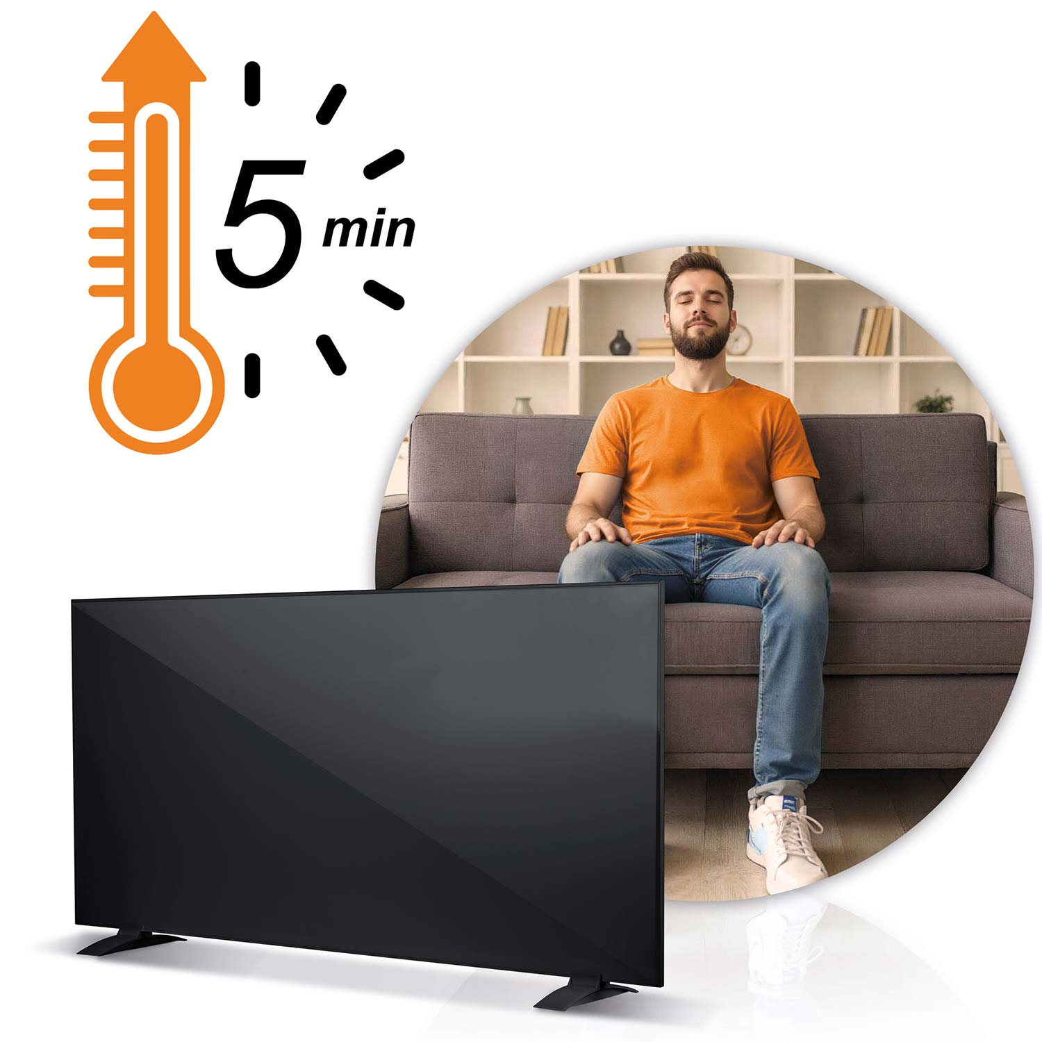 Mężczyzna medytuje na kanapie obok telewizora, przedstawiony z ikoną termometru i pięciu minut.