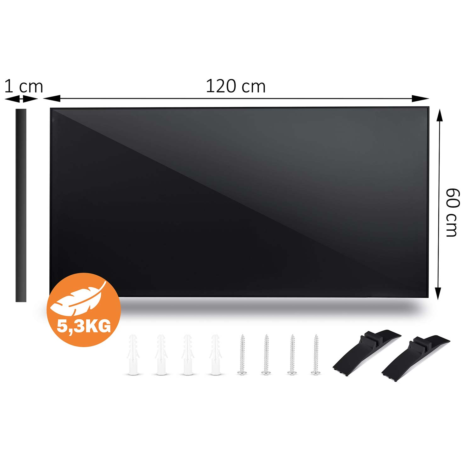 Diagram przedstawia czarny panel 120x60x1 cm o wadze 5,3 kg, z dołączonymi kołkami, śrubami i wspornikami.