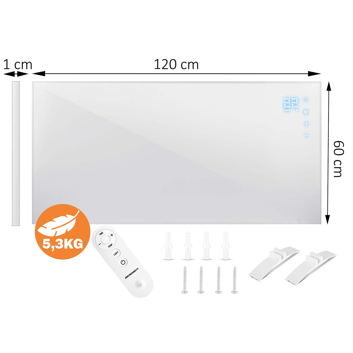 Biały panel grzewczy na podczerwień 120x60cm, grubość 1cm, 5.3kg, z pilotem, śrubami i uchwytami.