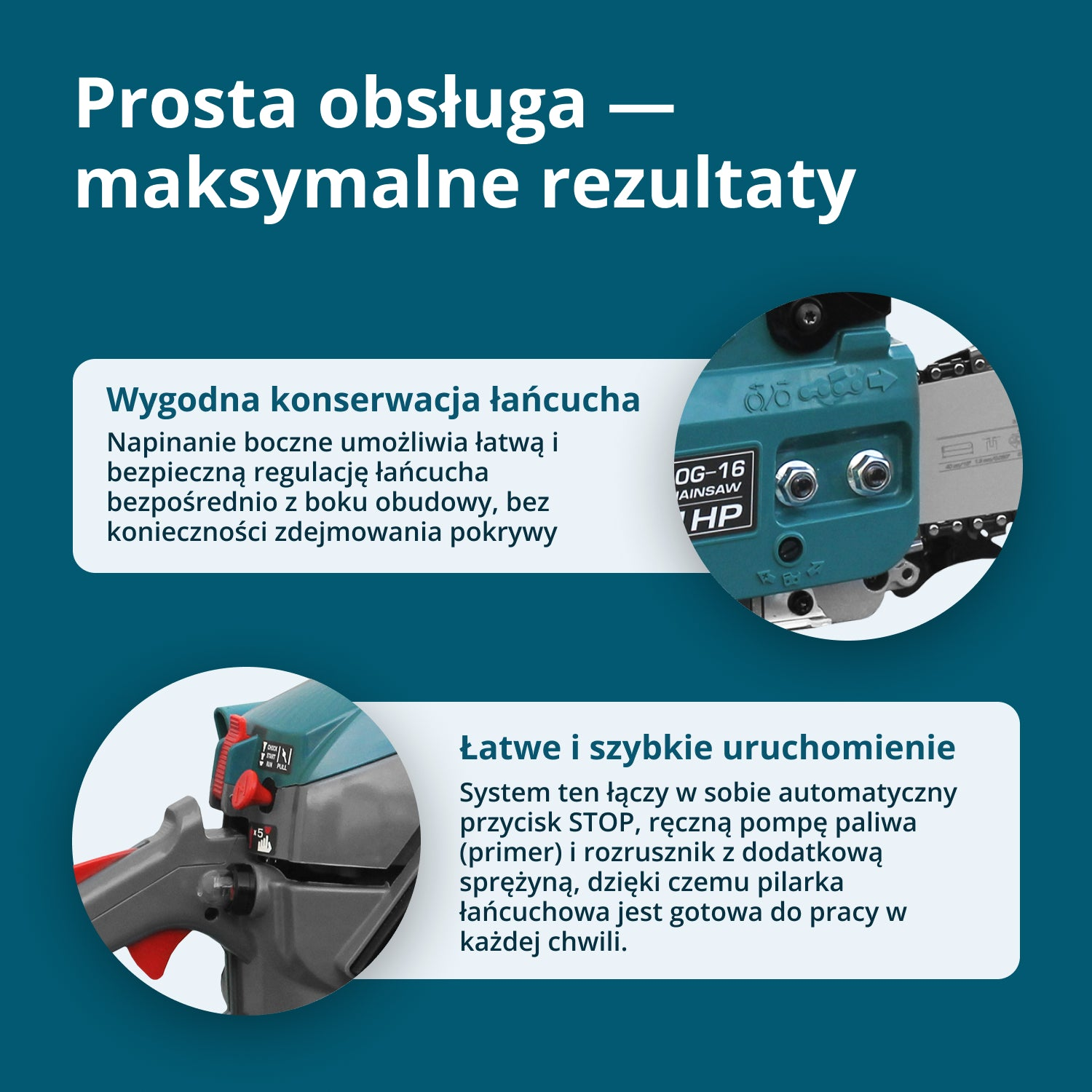 Baner reklamowy pilarki łańcuchowej z polskim tekstem i zbliżeniami.