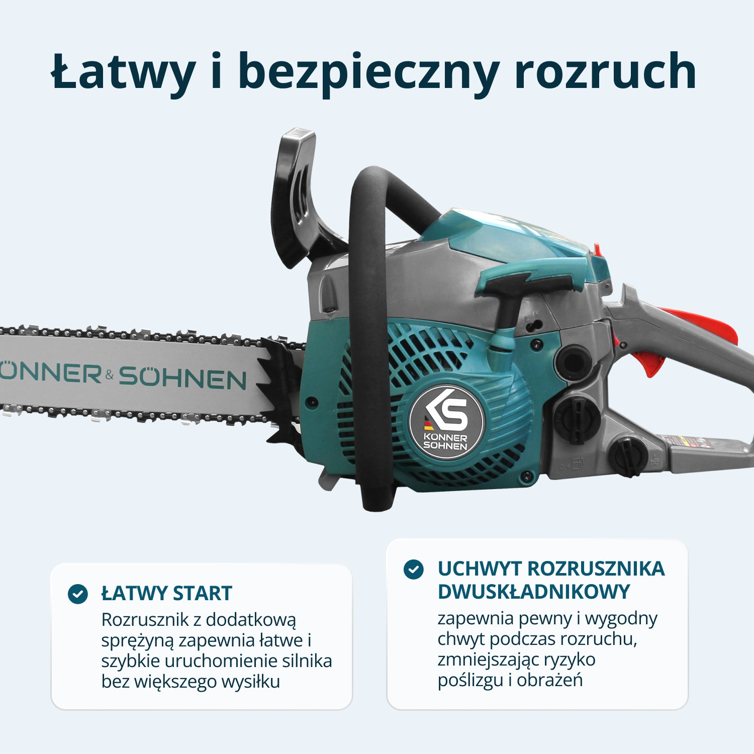 Turkusowo-szara pilarka spalinowa z tekstami opisującymi łatwy rozruch i dwuskładnikowy uchwyt rozrusznika.