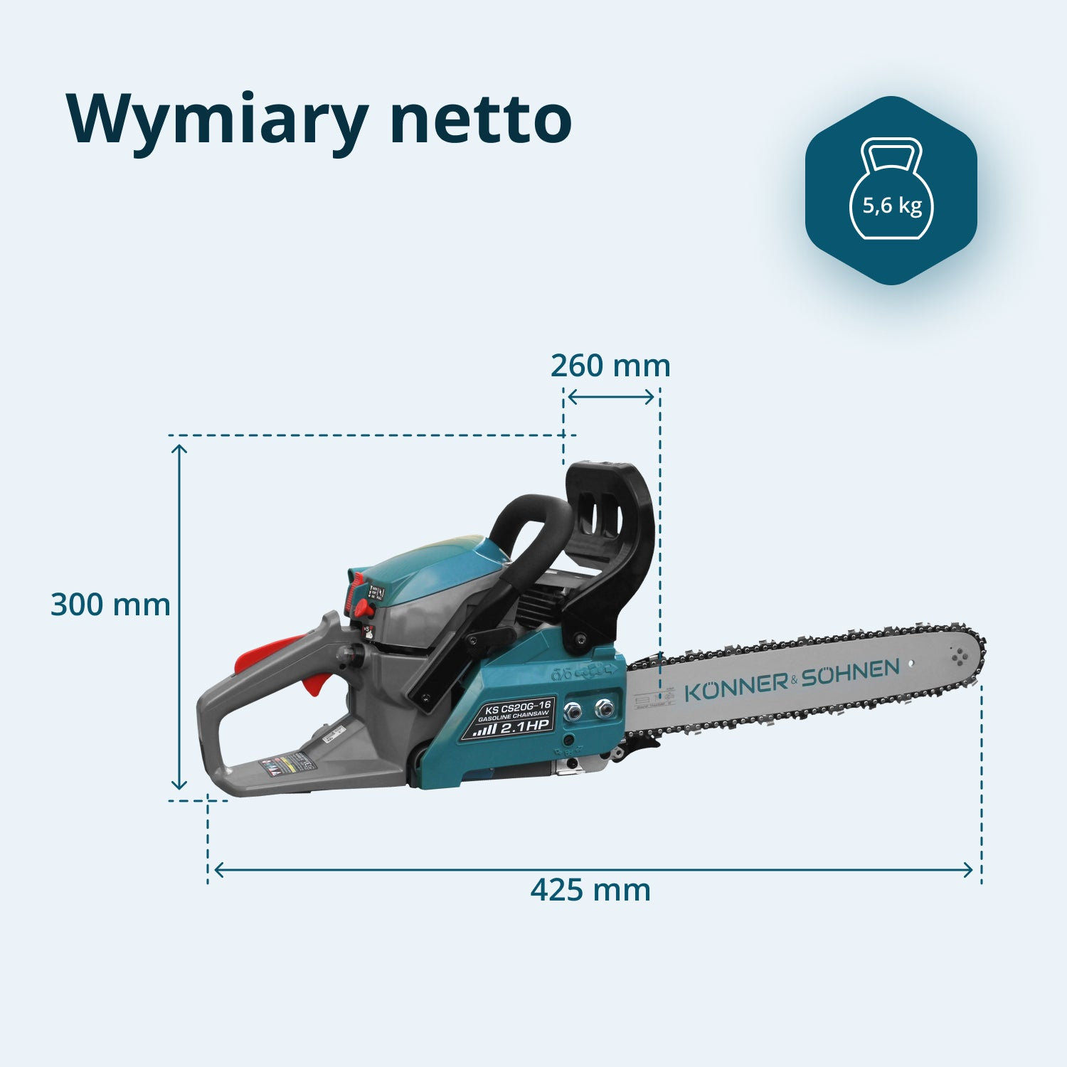 Turkusowo-szara spalinowa piła łańcuchowa o wymiarach netto 300x425x260 mm i wadze 5,6 kg.