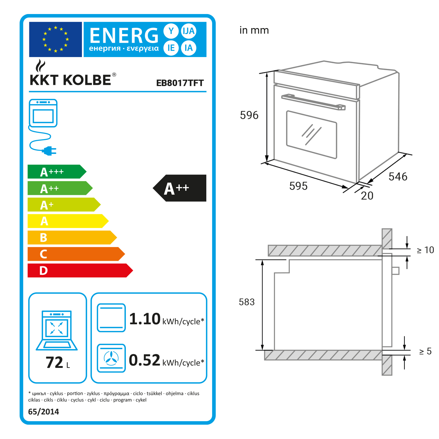 Energielabel und Einbaumaße eines KKT Kolbe Ofens mit technischen Daten und Grafiken.