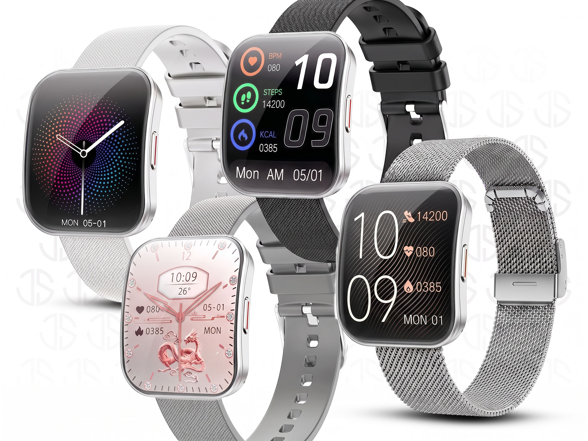 Cztery smartwatch z różnymi tarczami i paskami na jasnym tle.