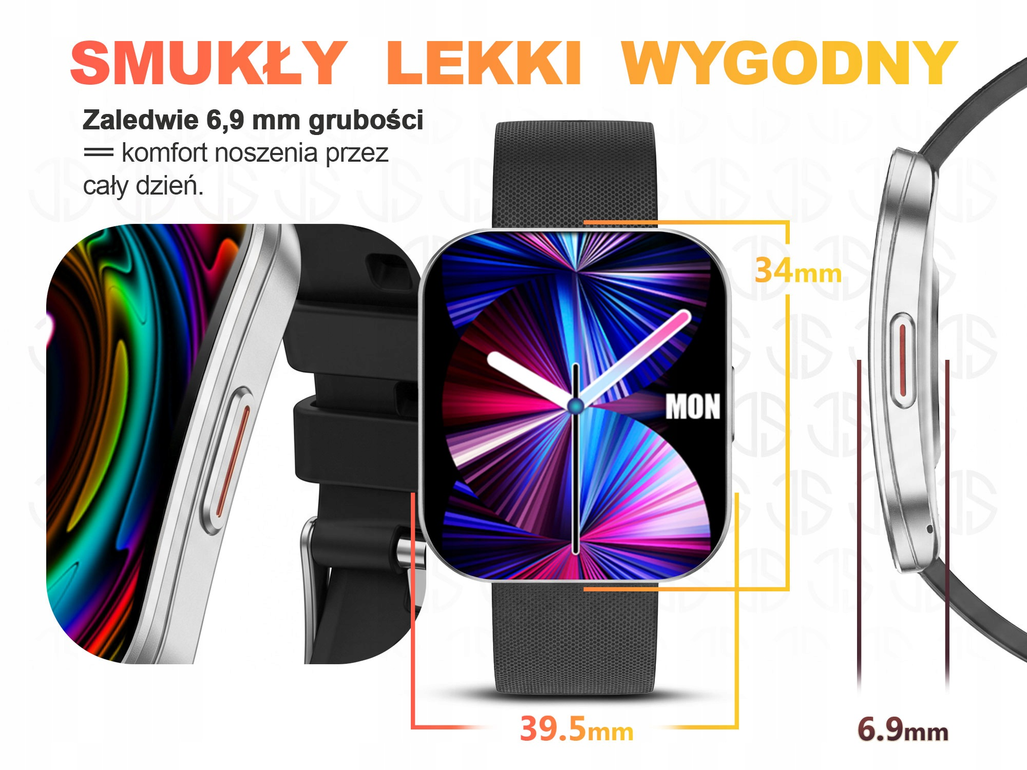 Smukły, lekki smartwatch o wymiarach: szerokość 39,5 mm, wysokość 34 mm i grubość 6,9 mm, z kolorowym wyświetlaczem.