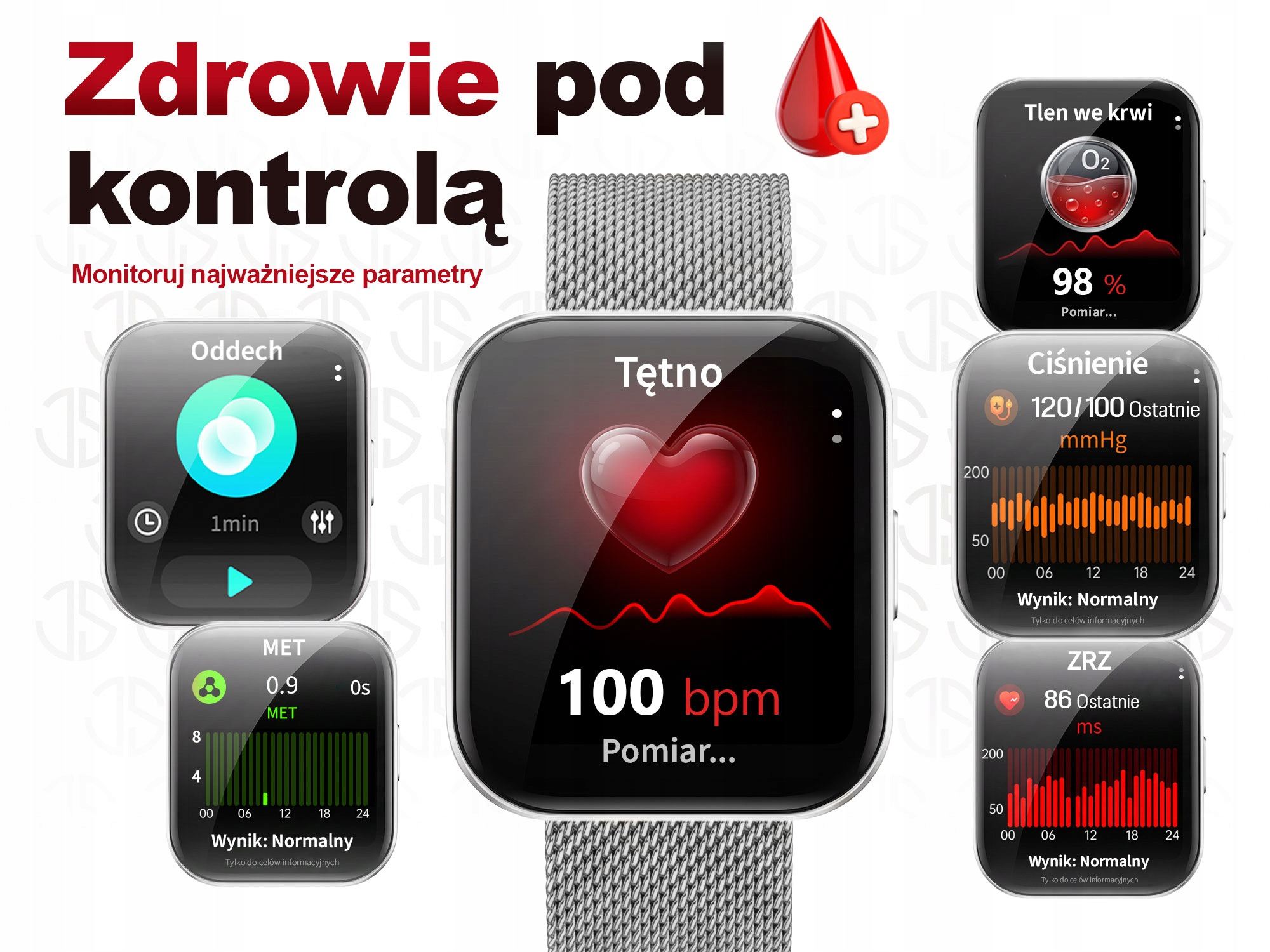 Smartwatch wyświetlający dane o zdrowiu, takie jak puls i ciśnienie.