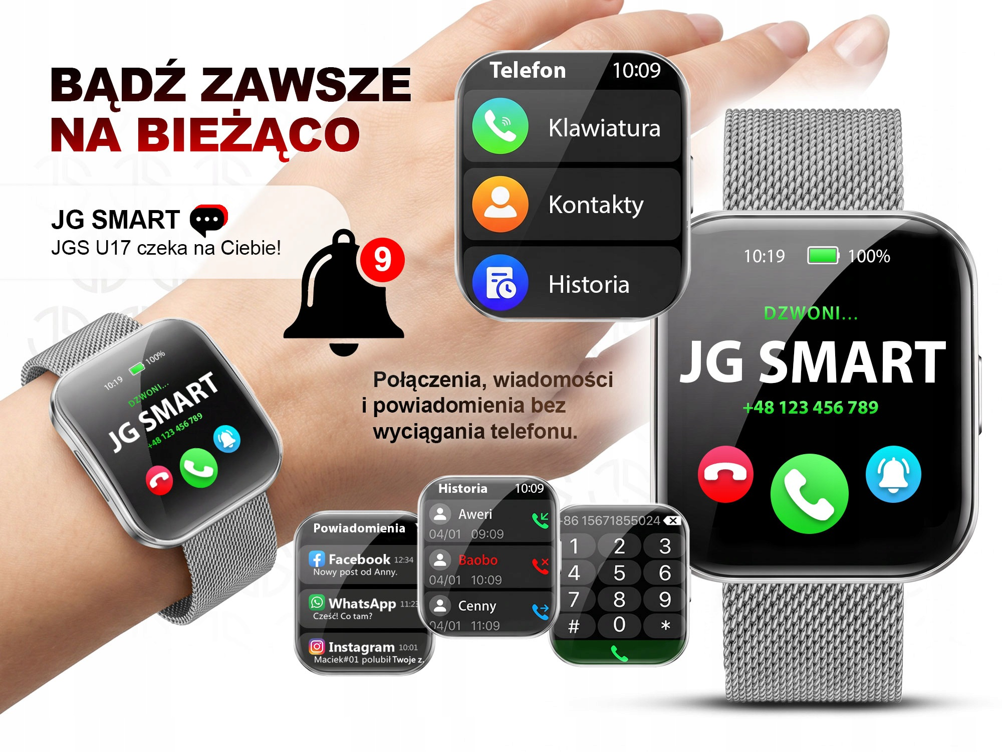 Reklama smartwatcha JG Smart z interfejsami połączeń, powiadomień i klawiatury na tle dłoni.