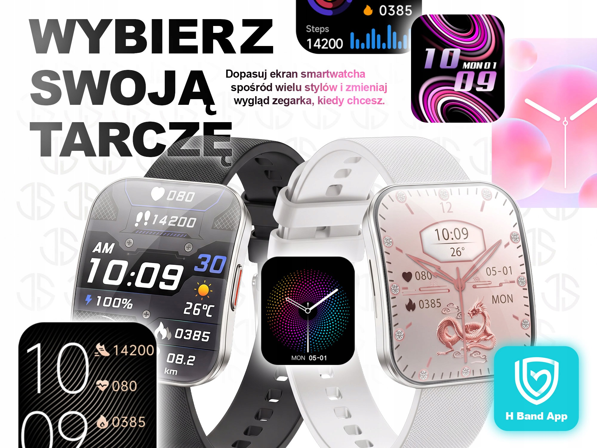 Dwa smartwatche z różnymi tarczami oraz polski napis o wyborze stylu zegarka.