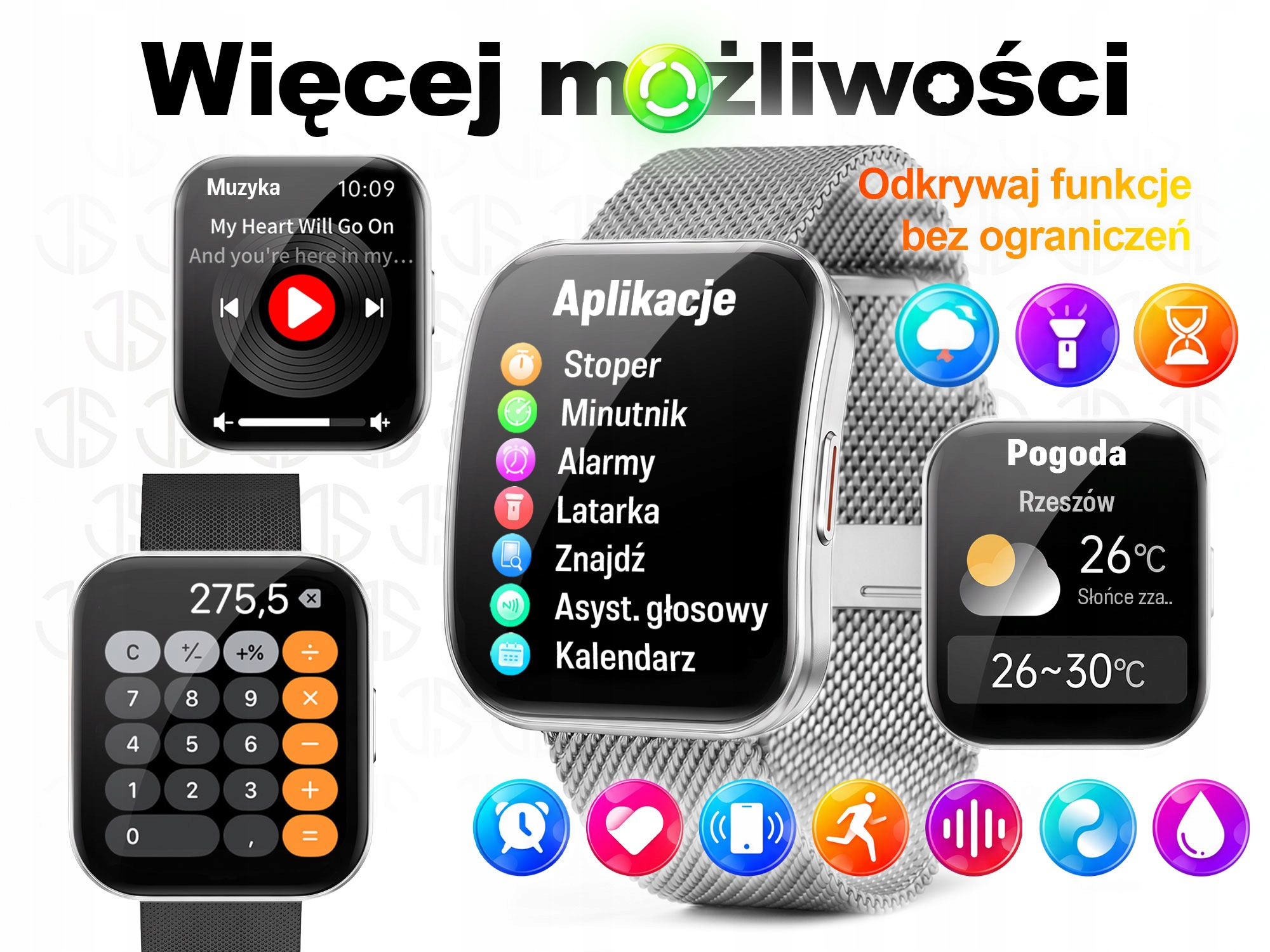 Smartwatch z metalowym paskiem i wyświetlonymi różnymi ekranami aplikacji, w tym muzyką i pogodą.