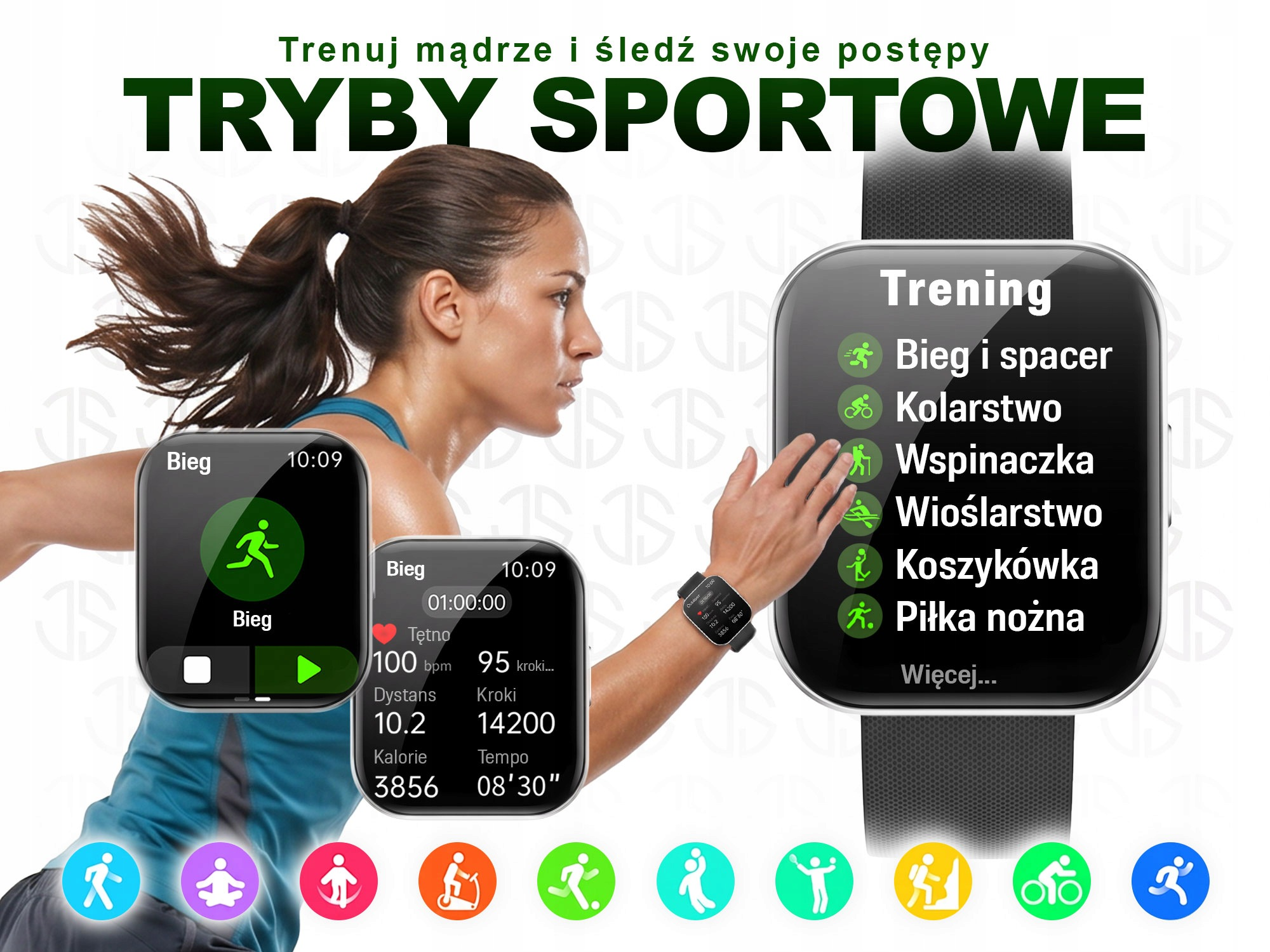 Kobieta w stroju sportowym biegnie, na pierwszym planie dwa ekrany smartwatcha z trybami sportowymi.