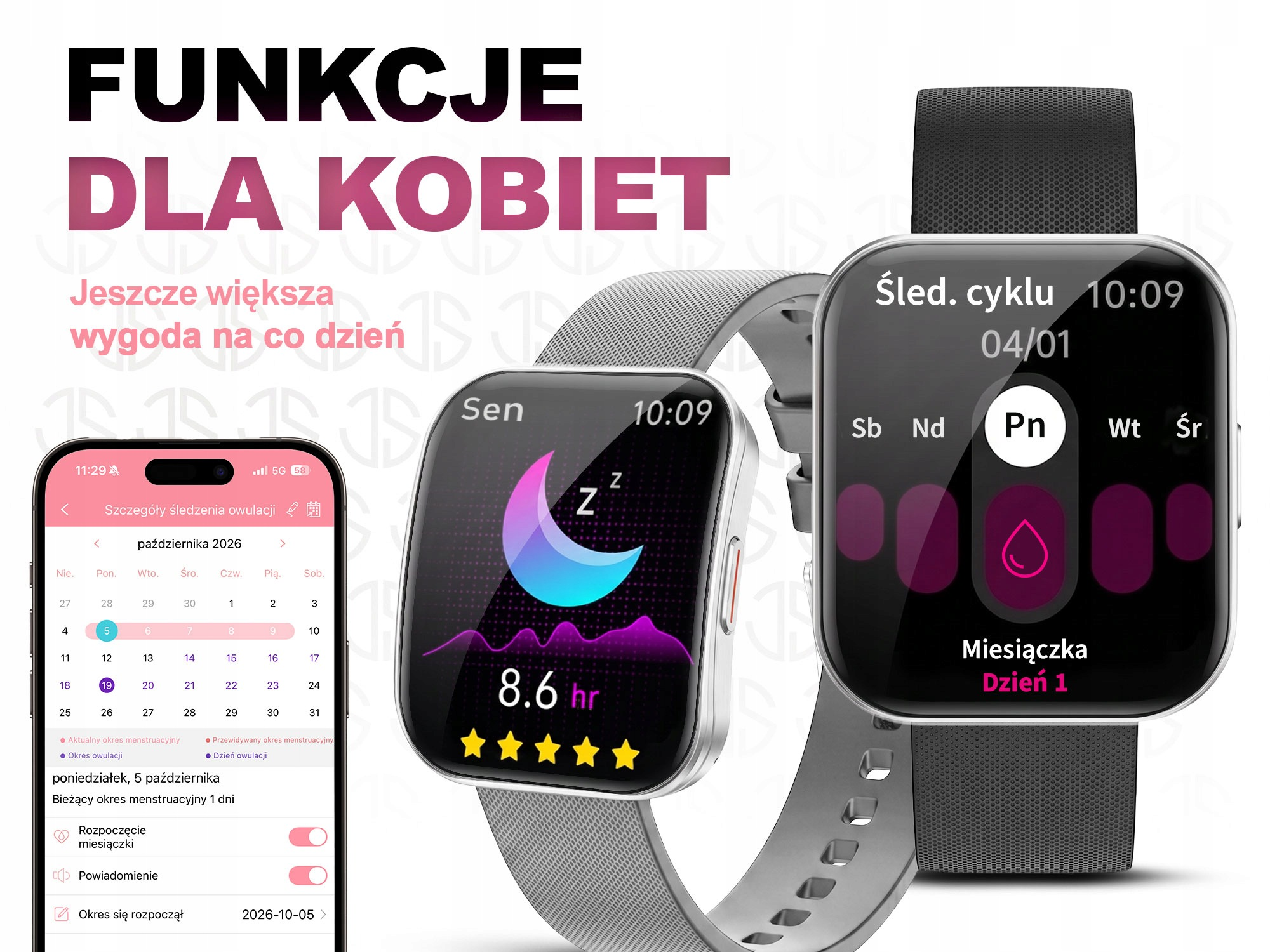 Smartwatch JG SMART Damski Ciśnienie ROZMOWY MENU PL AMOLED SREBRNY 4 paski Srebrny