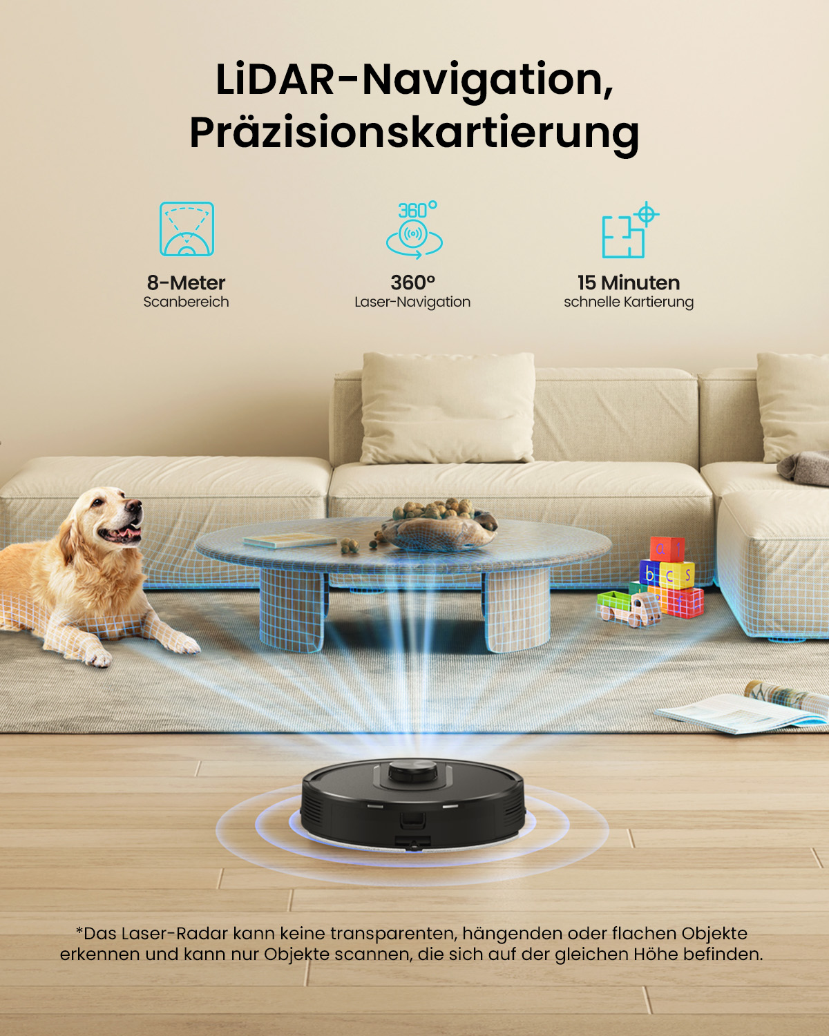 Ein schwarzer Saugroboter scannt das Wohnzimmer mit LiDAR und erfasst Couch, Hund und Spielzeug.