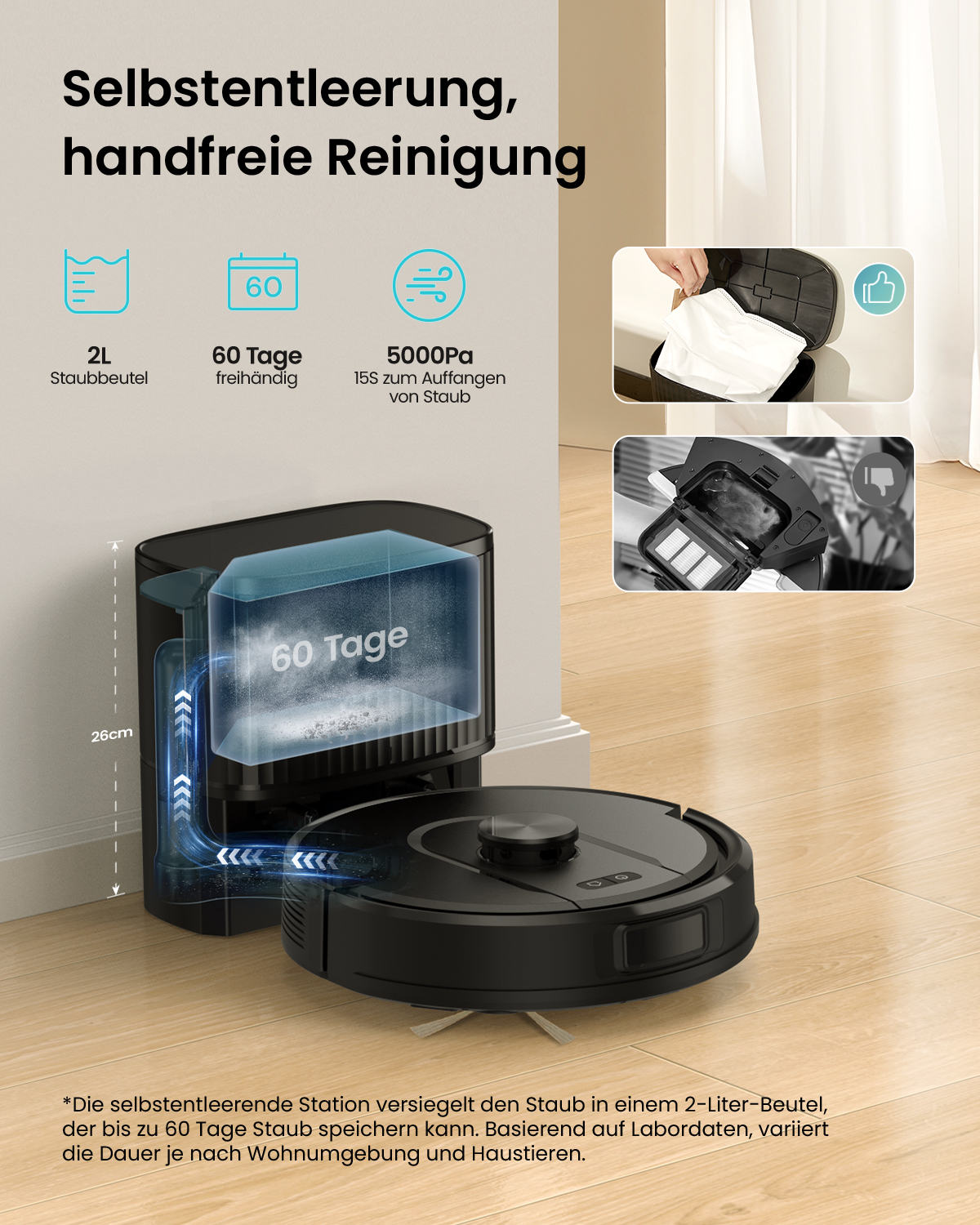 Ein schwarzer Saugroboter mit selbstentleerender Station und Diagrammen zur 60-Tage-Staubspeicherung.