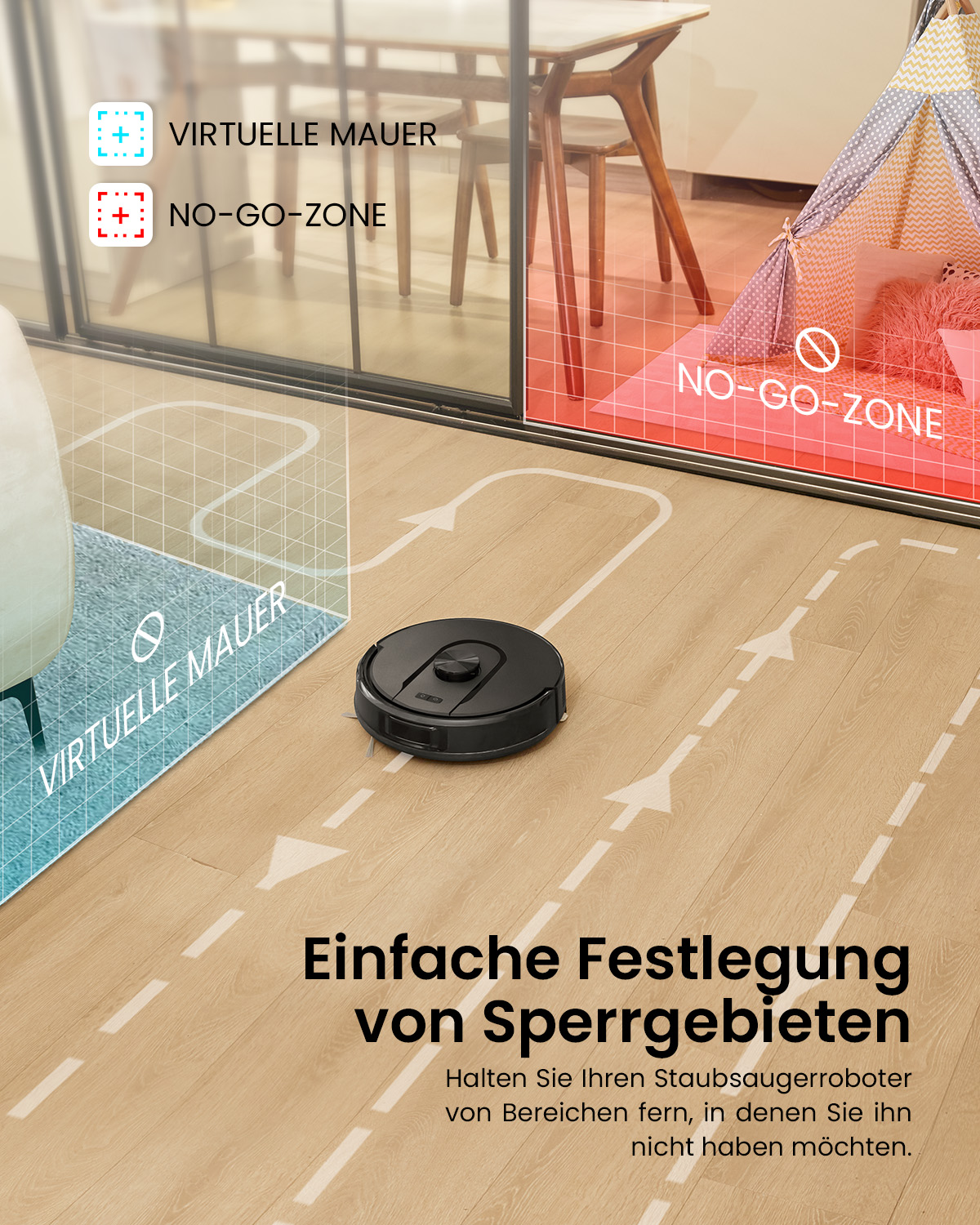 Ein Saugroboter auf einem Holzboden mit virtuellen Wänden und Sperrzonen als digitalem Overlay.
