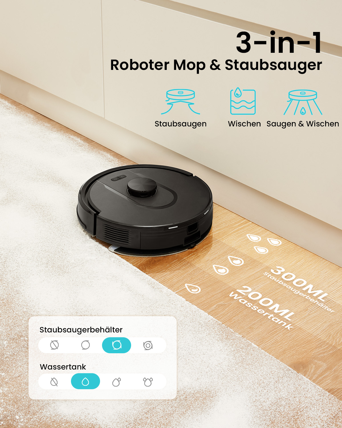 Ein schwarzer Saugroboter auf einem Holzboden mit Text zu den 3-in-1-Funktionen.