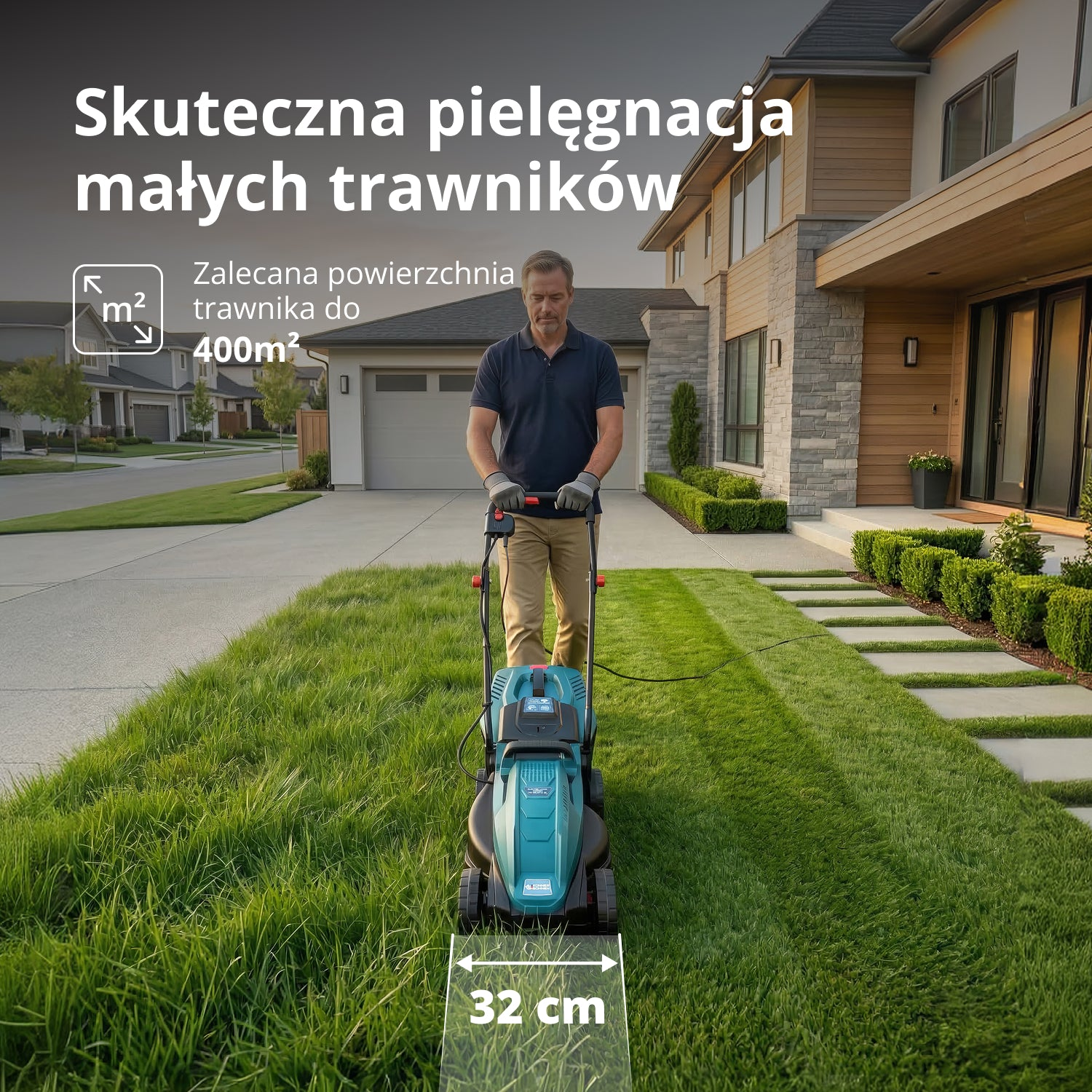 Mężczyzna kosi trawnik przed nowoczesnym domem za pomocą elektrycznej kosiarki.