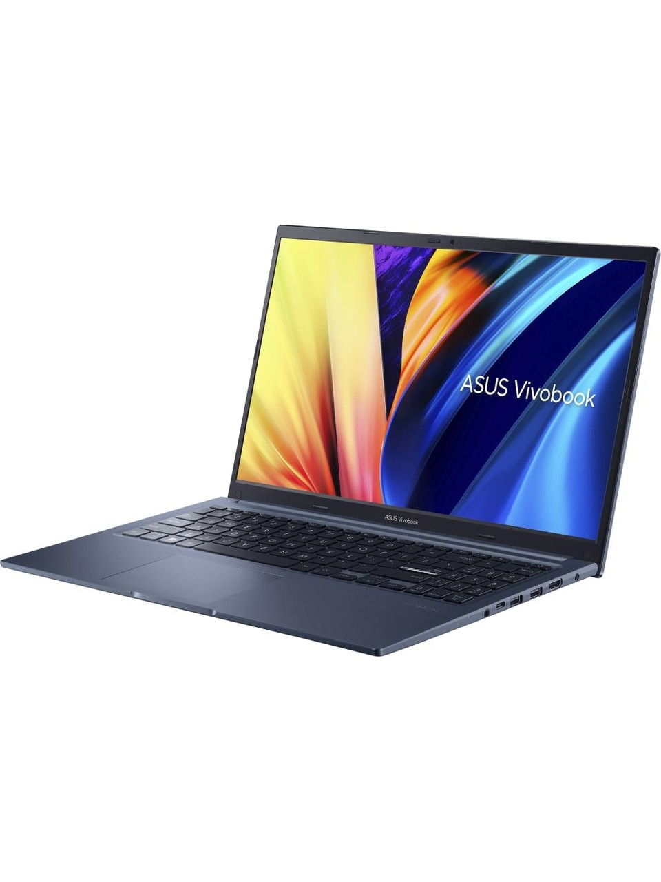Renkli ekranlı açık arka planda mavi bir ASUS Vivobook dizüstü bilgisayar.