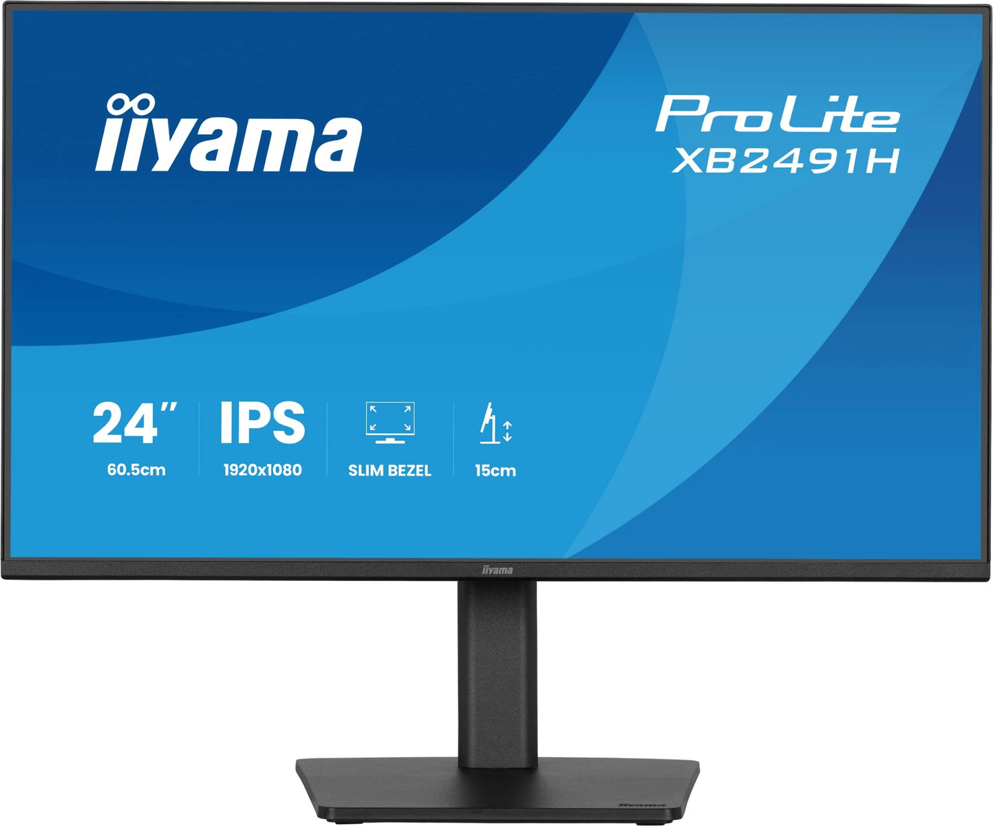 Un monitor IPS iiyama ProLite XB2491H de 24 pulgadas con pantalla azul, bisel delgado y soporte negro.