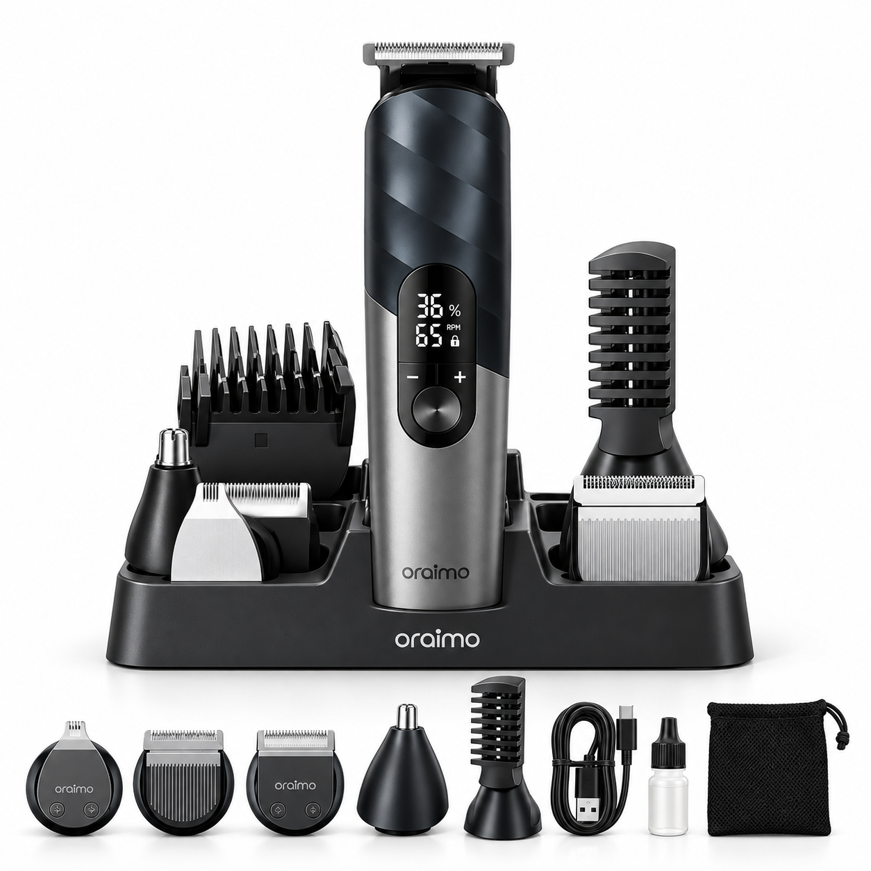 Dijital ekranlı Oraimo saç kesme makinesi seti, başlıklar, şarj standı, kablo, yağ ve çanta.