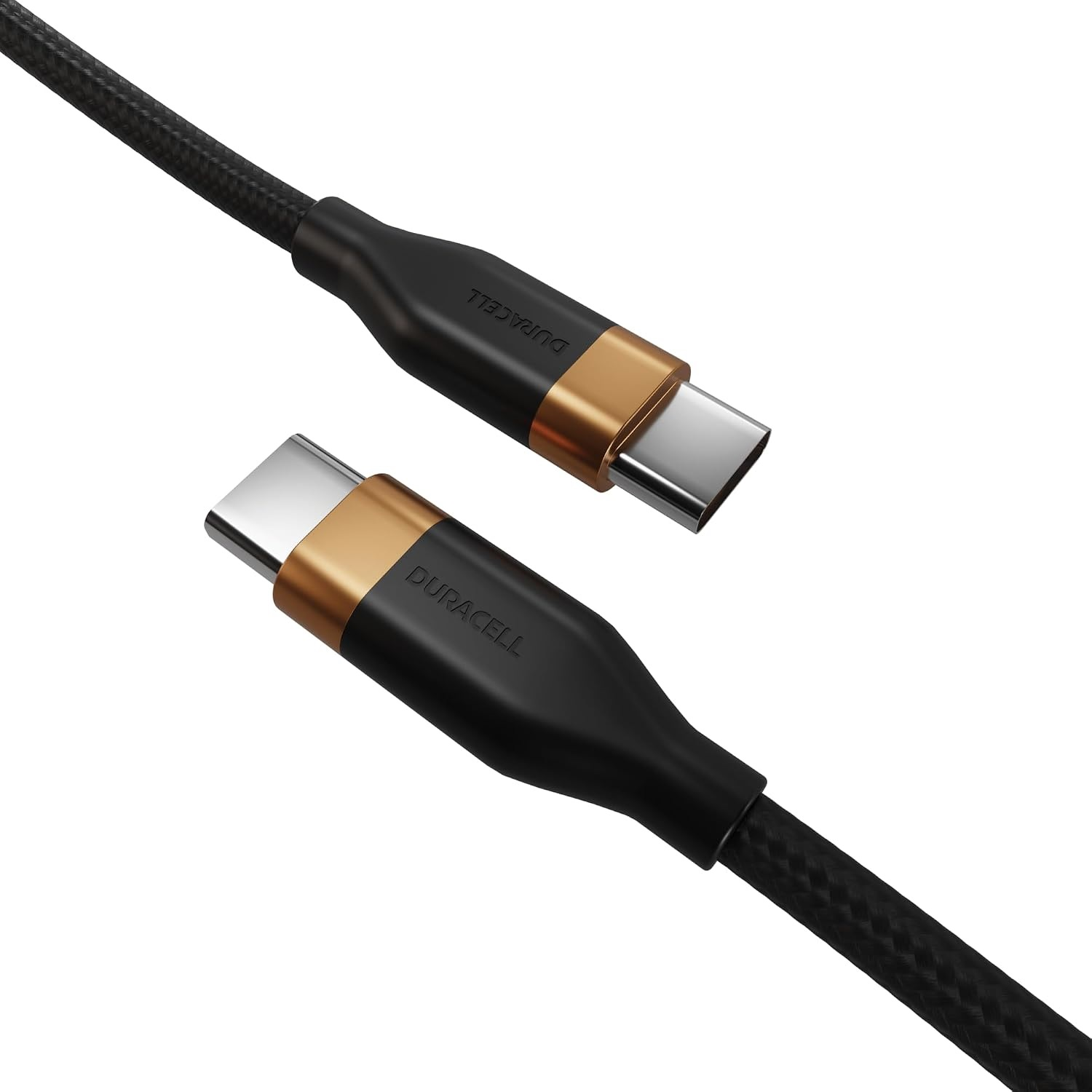Beyaz arka planda çapraz duran iki siyah ve altın rengi Duracell USB-C kablosu.