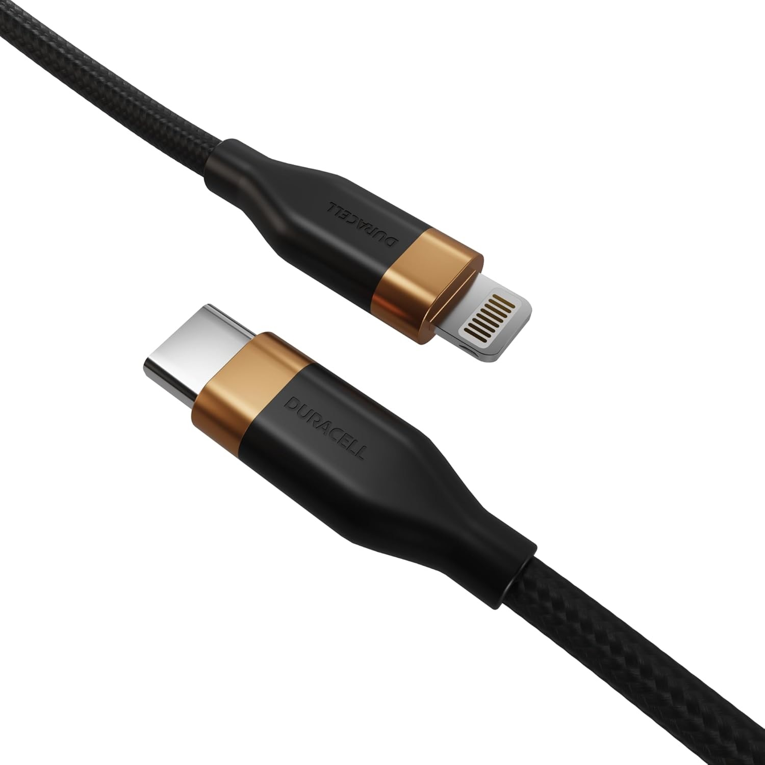 Beyaz arka planda siyah örgülü kabloya ve konektörlerde bakır detaylara sahip Duracell USB-C - Lightning kablosu.
