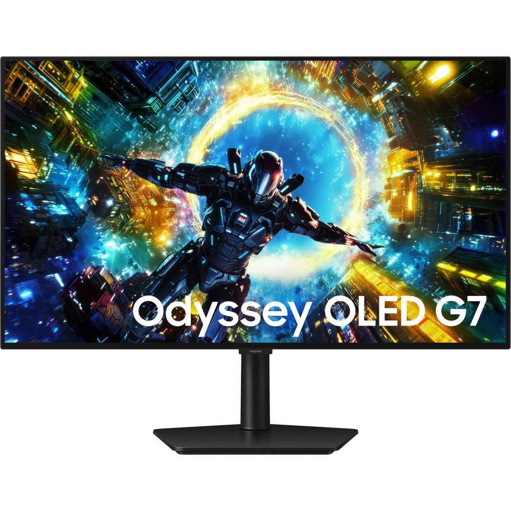 Monitor Odyssey OLED G7 wyświetla futurystycznego wojownika.
