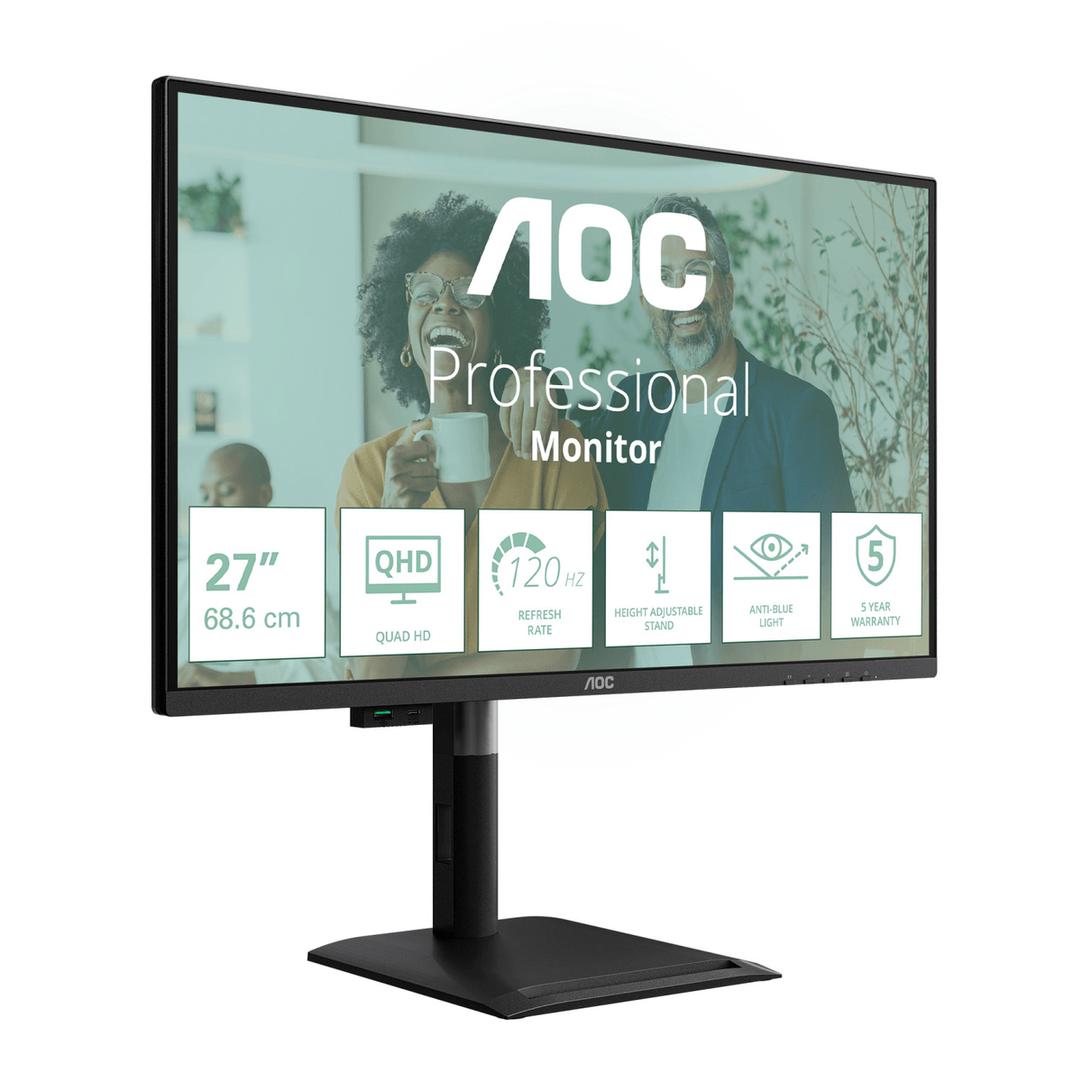 Monitor profesional AOC de 27 pulgadas con QHD, 120Hz y soporte ajustable.